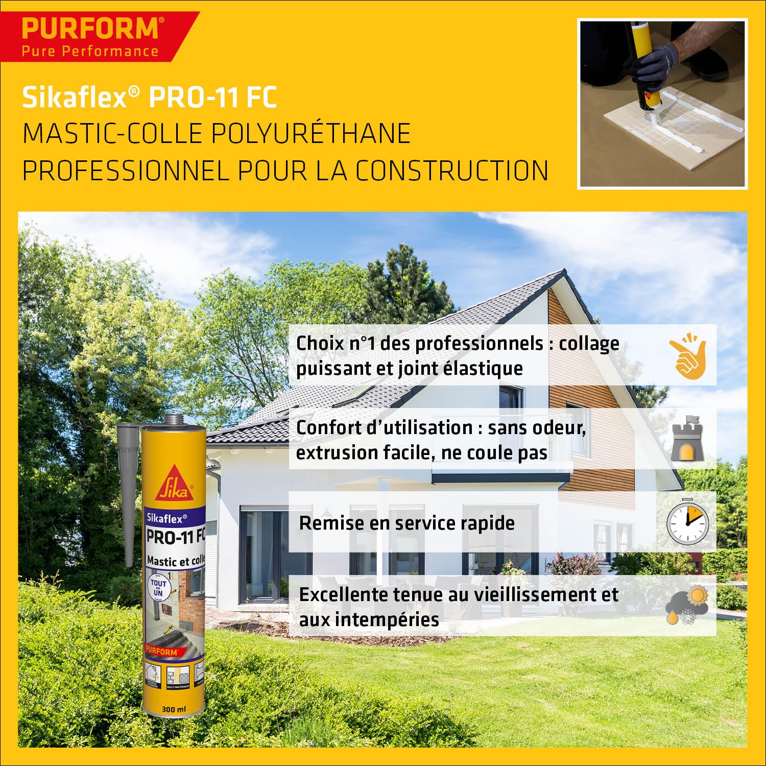 Sika Sikagard 240 Protecteur Tout en 1, Protection hydrofuge façade, mur, toiture et sol, 5L & lex PRO 11 FC Purform Gris béton, Mastic polyuréthane PU tout en 1, mastic multi-matériaux