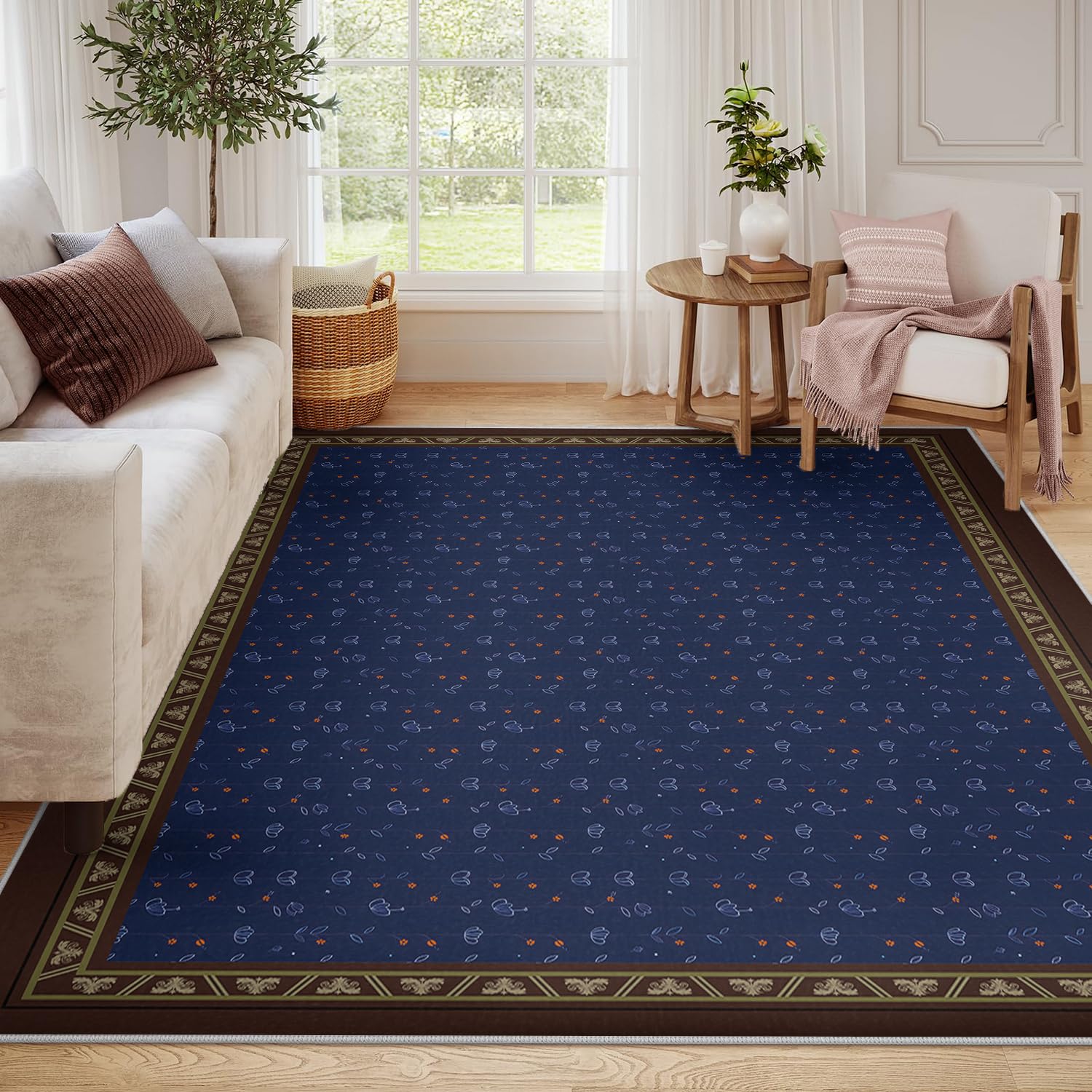 Tapis lavables à fleurs naturelles bleues : tapis d'intérieur 120x160cm