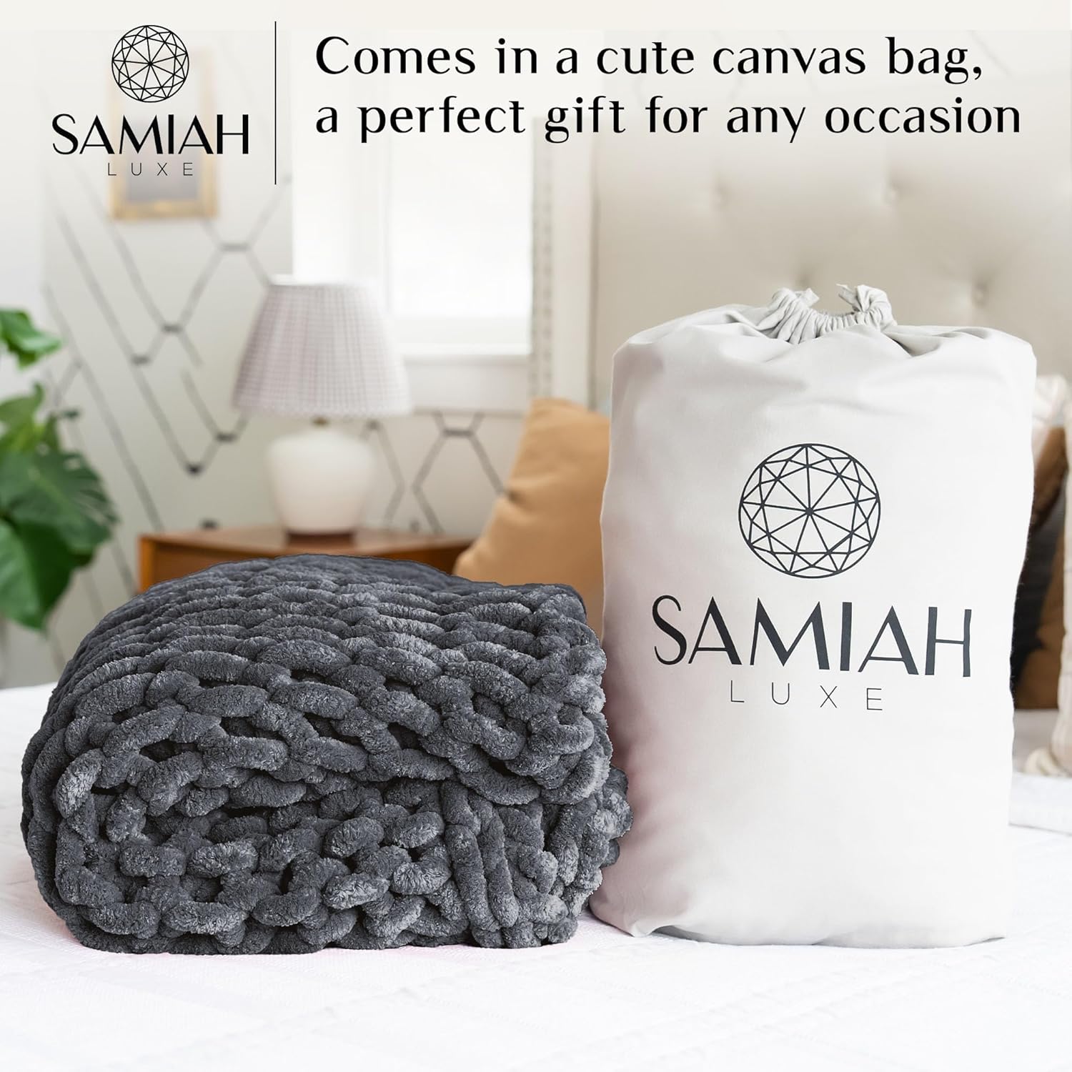 SAMIAH LUXE Chunky Knit Blanket Throw 50x70, Grey Chenille Chunky Knit Throw Blanket for Living Room Decor or Boho Decor, Thick Yarn Knitted Blankets for Couch or Bed, Cable Knitted Crochet Blankets - Image 9