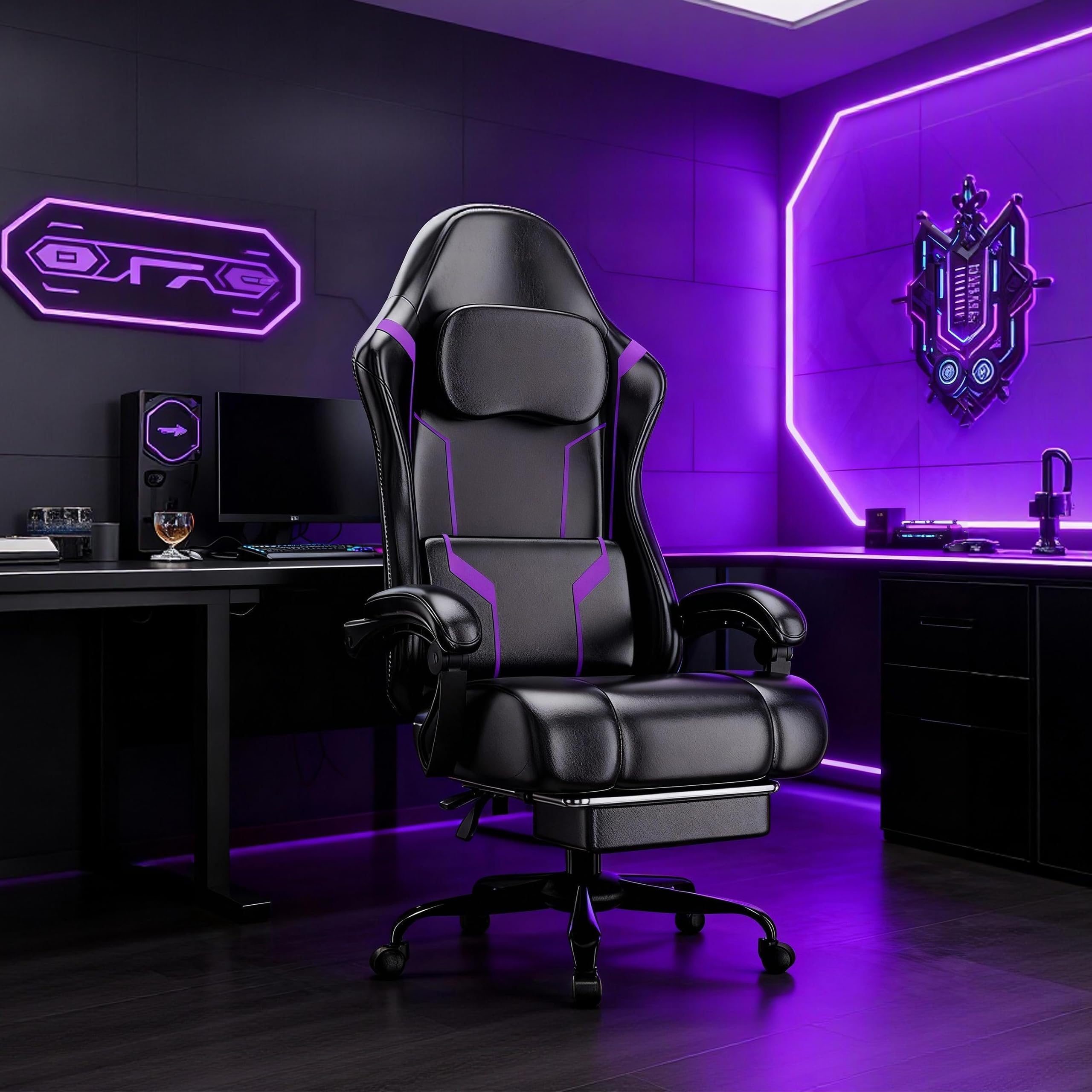 Sedia Gaming Ergonomica con Molle e Poggiapiedi in Pelle PU (Viola) | Poggiatesta regolabile, supporto lombare, seduta a molle