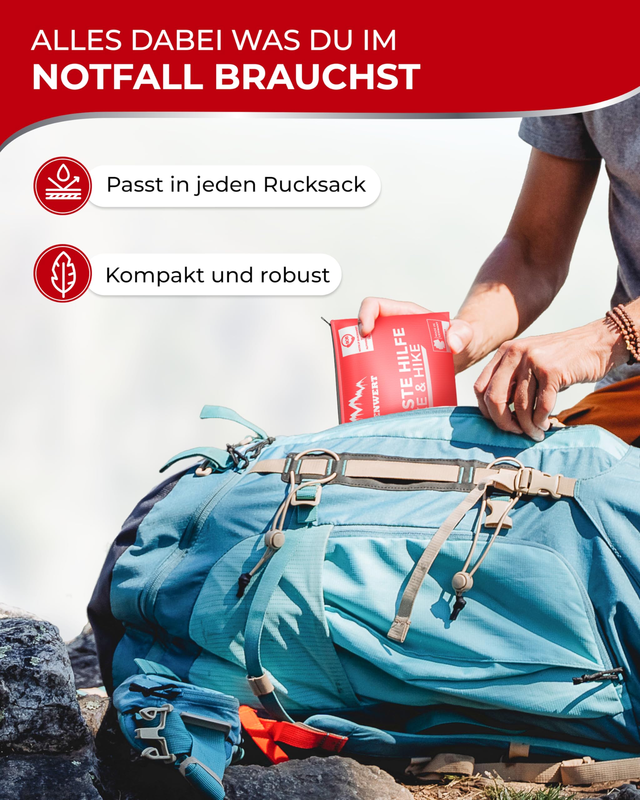 Alpenwert Kit di primo soccorso per bicicletta all'aperto [incl. pinza per zecche e panno triangolare] First Aid Kit Travel per zaino, accessori da trekking, viaggi, escursionismo DIN