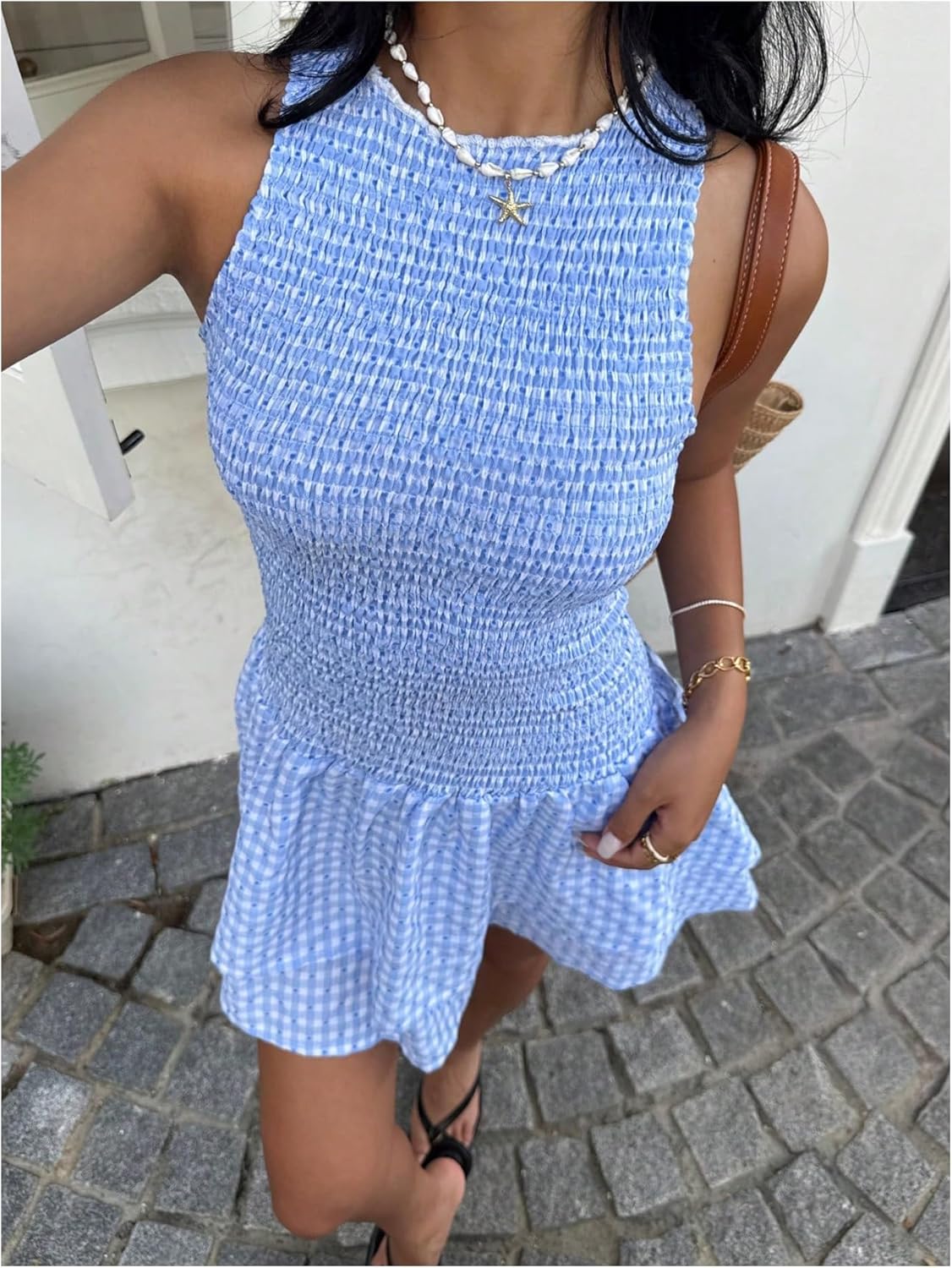 GORGLITTER Women's Gingham Dress Tiered Ruffle Hem Smocked A Line Short Tank Dresses Blue and White Small - Image 3