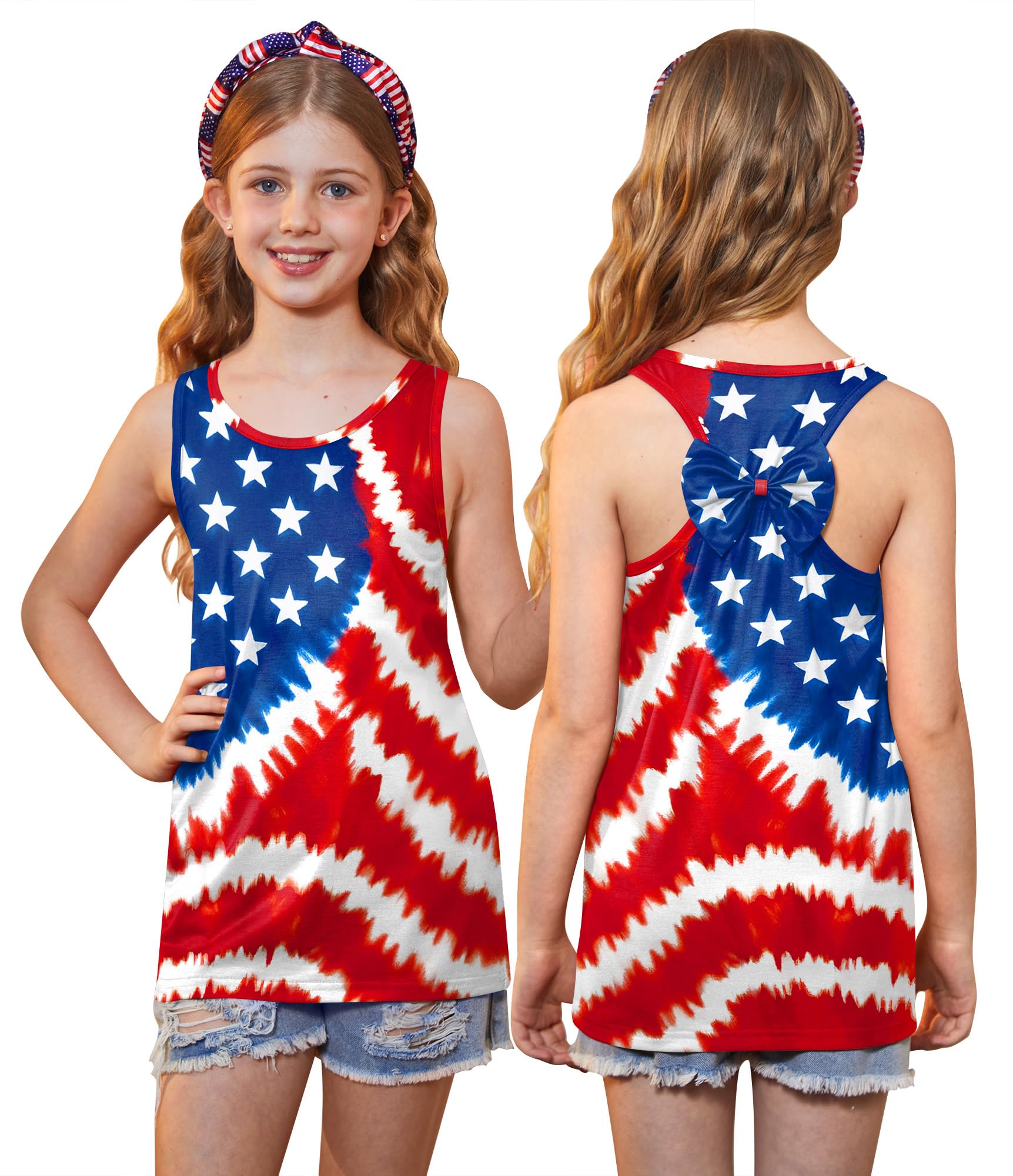4th of July Girls Flag Tank Top Back Bow Sleeveless Patriotic Holidays T-Shirt 4-14 Years