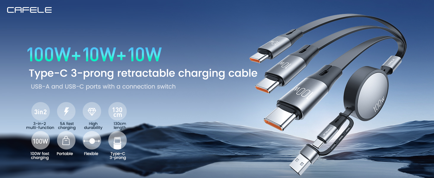 Image of CAFELE Retractable Charging Cable, 100W USB C Fast Charger Cable 3 in 1 with [30-130cm] Adjustable Length, Multi-Port Cord for Laptop, Phone, Car, Travel - PD3.1 /QC5.0（Grey）