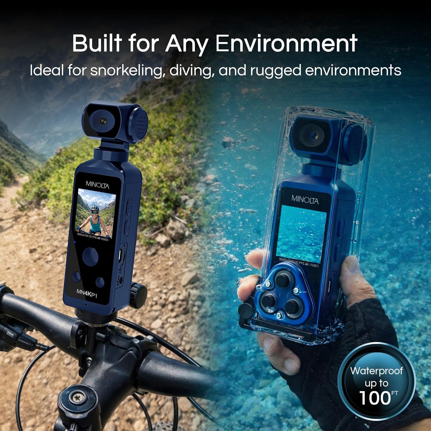 Minolta 4K Ultra HD Pocket Camcorder – WiFi Enabled Action Camera with 16MP Photos, 170° Wide Angle Lens, 270° Rotating Head, Slow Motion, 1.3-inch Display - 16GB Card & Waterproof Case (Blue)