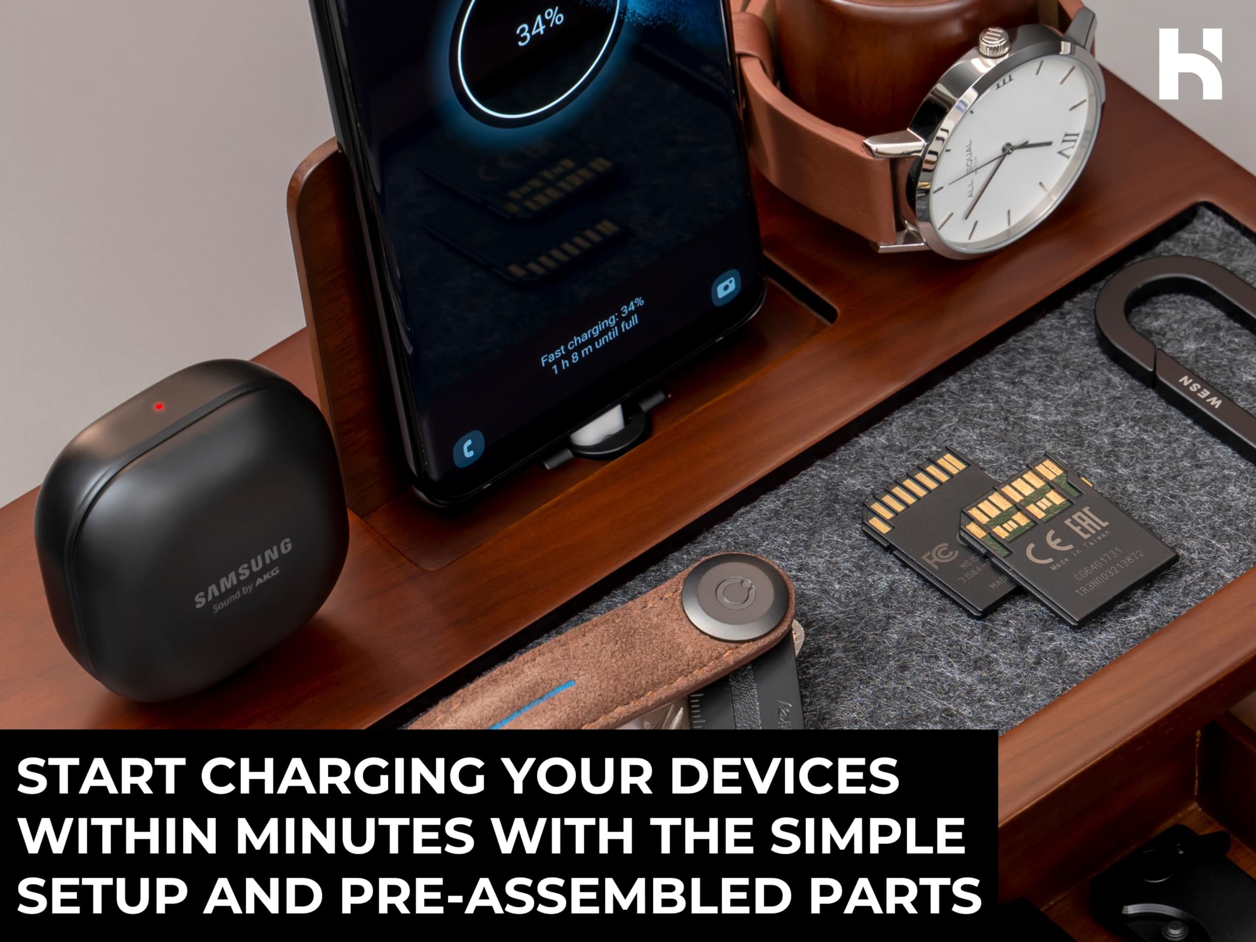 Holme & Hadfield Organizer da comodino da uomo, docking station unica in legno per caricare il telefono e gli auricolari, stazione di ricarica in legno con vassoio foderato e cassetto, docking station