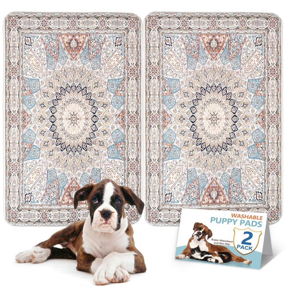 Deamoser Beige Medallion Washable Pee Pads For Dogs, 2 Pack Reusable Puppy Training Pads 81X122cm Super Absorbent Dog Pee Pad Waterproof Dog Training Pads, Non-Slip Potty Pads, Whelping Pads