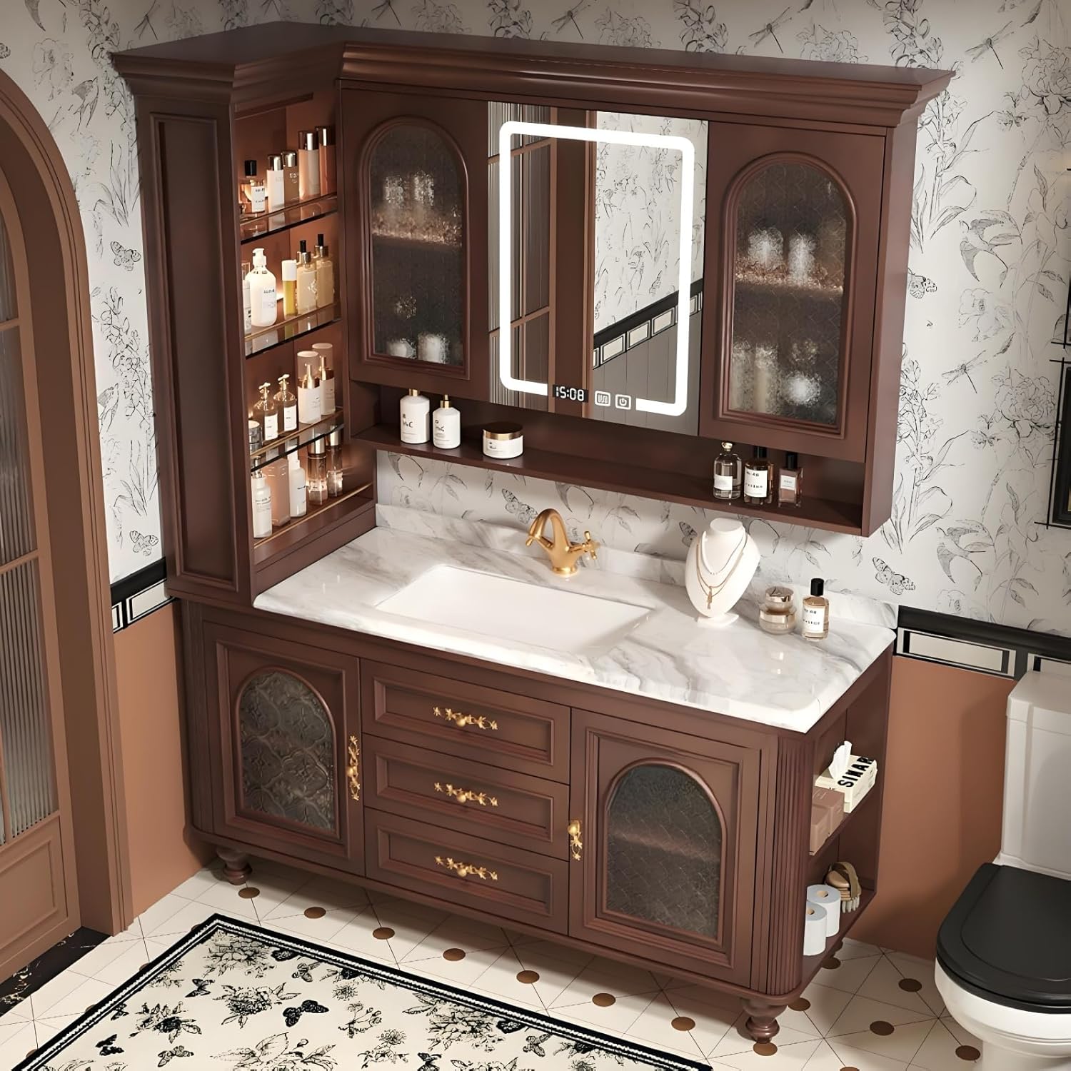 Single Sink Bathroom Vanity - Luxury Bathroom Vanities Include Defog Function & LED Light | Large Space Cabinet has Open Grid, Shelves & Side Compartment (Burlywood, 68IN)