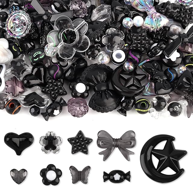 Perles de pastel acrylique pour la fabrication de bijoux, Kalolary Black Bow Butterfly Flower Bead Kawaii Perles de coeur en plastique Mignon Macaroon Perles esthétiques pour bracelet collier DIY (Noir)