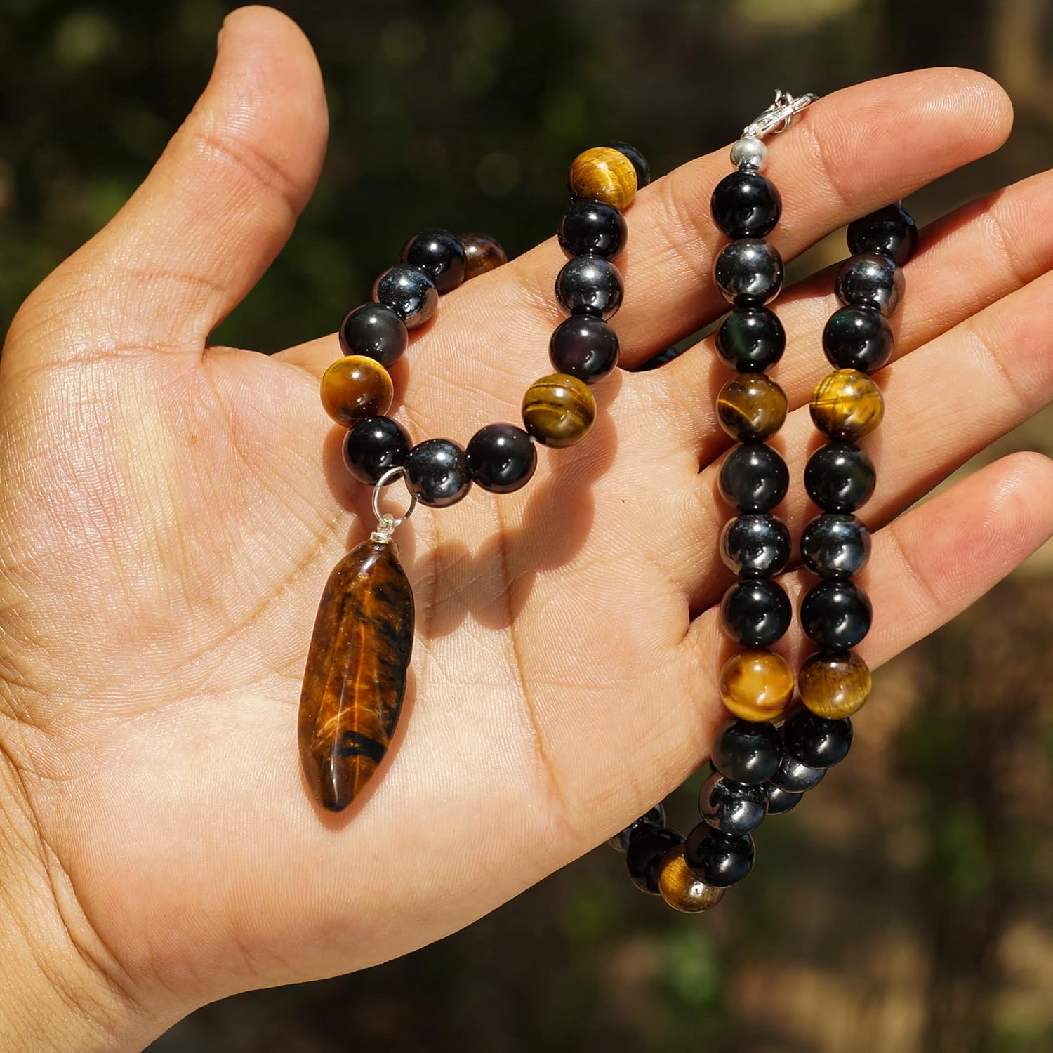 Crystal Agate Bracelets Hematite Tiger’s Eye Obsidian Triple Protection Necklace – Grounding Shield for Stress Relief & Energy Balance, Handcrafted Gemstone Pendant
