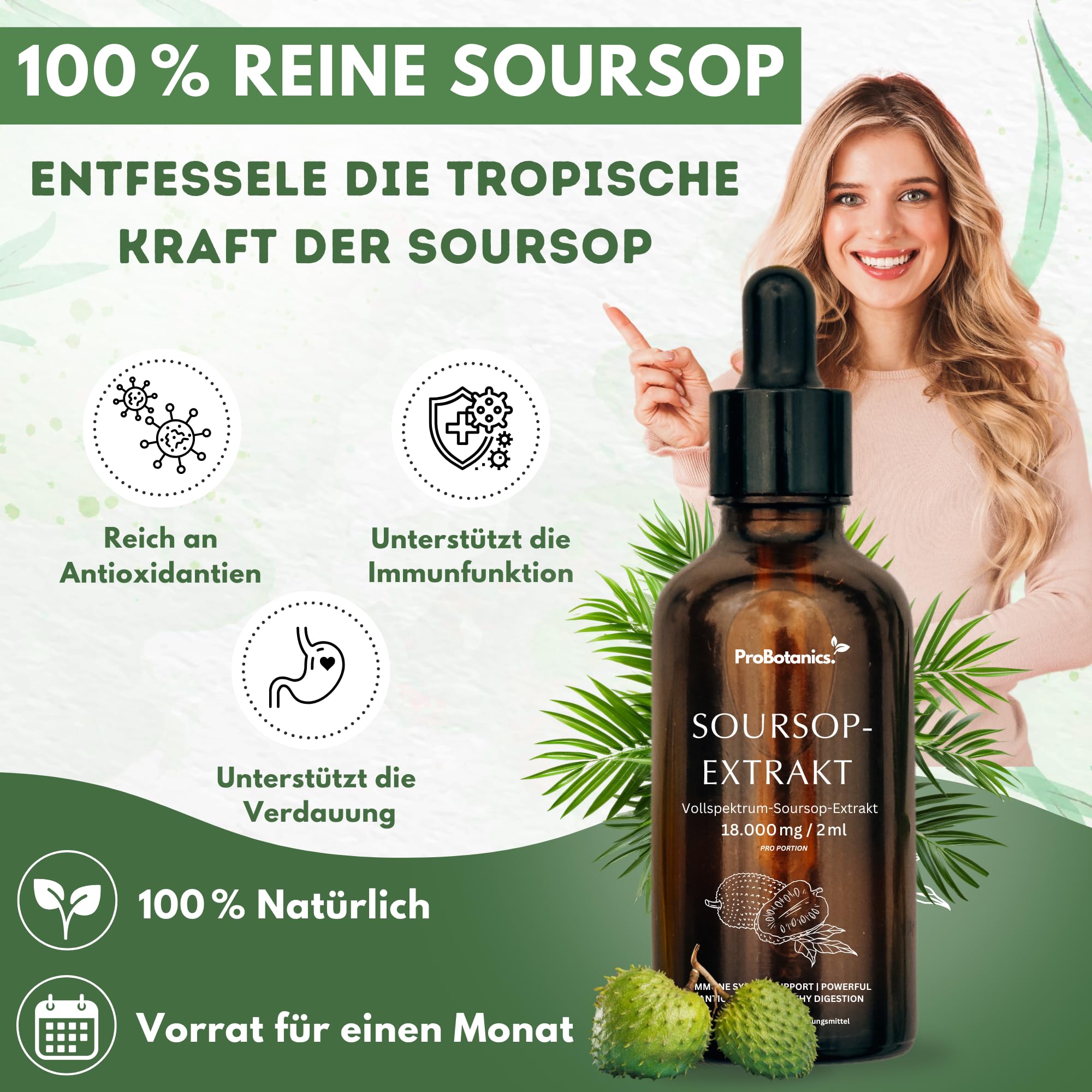 Graviola Tropfen für Zellunterstützung & Regeneration | Hochdosiert 600mg pro Portion (30:1 Extrakt entspricht 18000mg) | Starkes Antioxidans & Immununterstützung - Monatsvorrat - 60ml