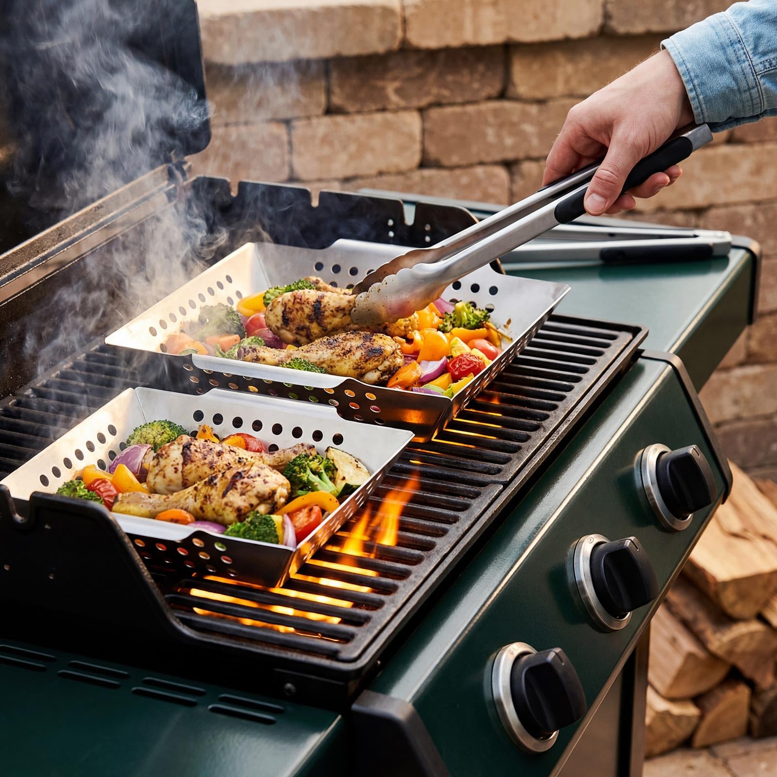 Geiserailie Grillkorb 2er-Pack M/L (20,5x24,5x4cm/ 31x26x6cm) Grillschale aus Edelstahl für Gemüse Fleisch Fisch Gas- Elektro- Holzkohlegrill Spülmaschinenfest Rostfrei