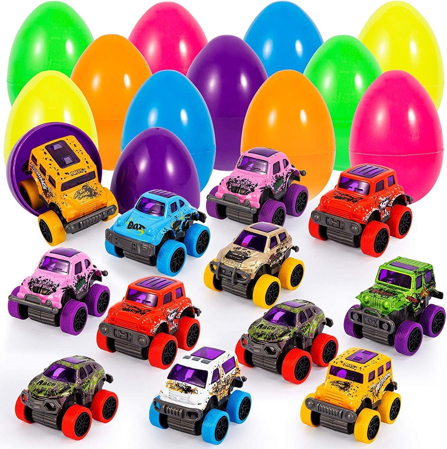 ILINKER 12Pcs Easter Eggs Prefilled with Pullback Monster Truck Toys