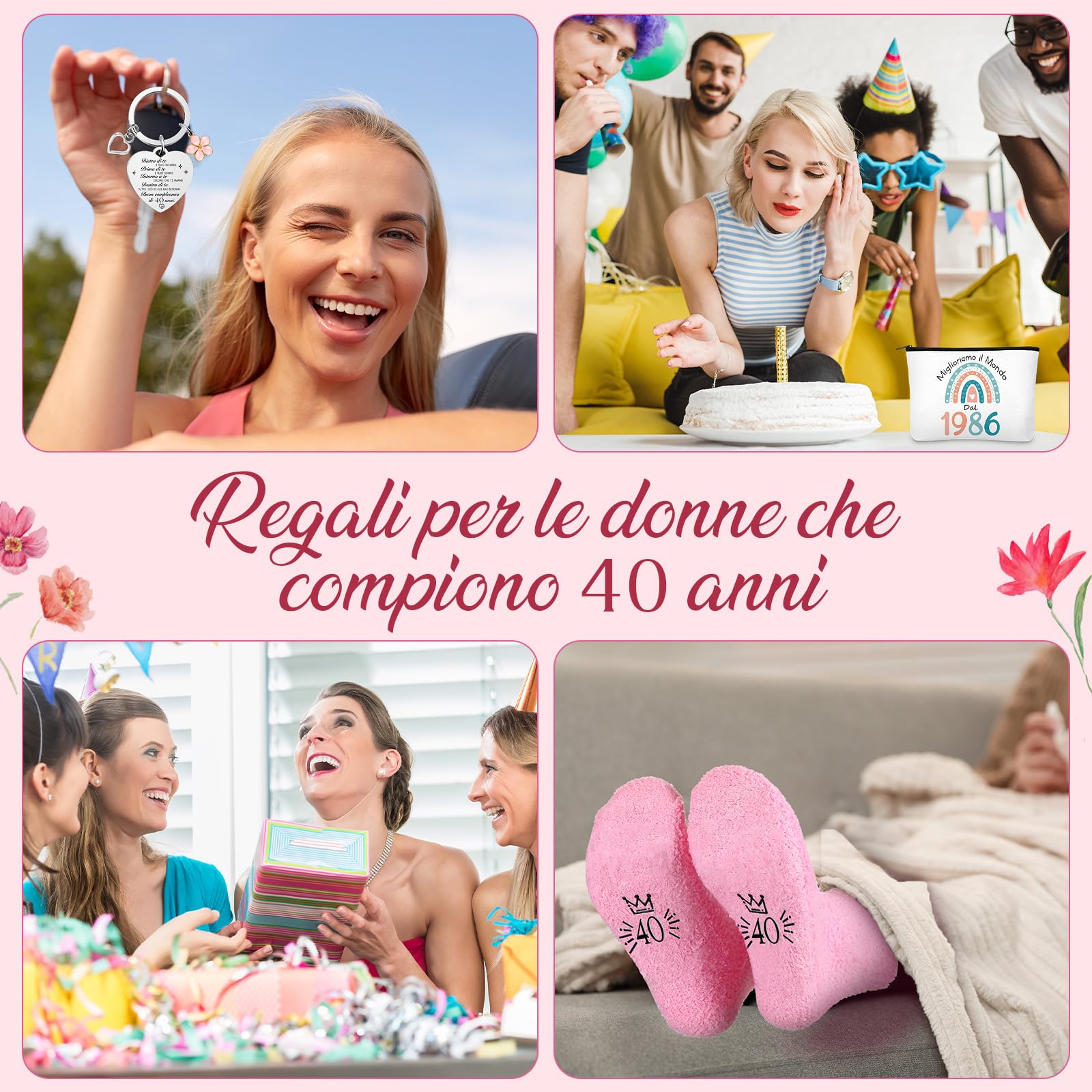 Jadive Regalo 40 Anni Donna Compreso Borsa Cosmetica per Donna Calzini e Portachiavi Ideale Come Regalo Di Compleanno Per Moglie, Sorella O Amica, Celebrare 40 Anni Di Compleanno Donna(1986)