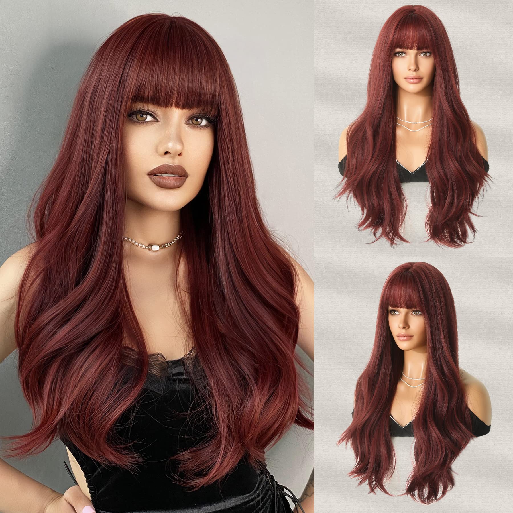 Photo 1 of 7JHH WIGS Long Wavy Wig with Bangs 26in Wine Red Curly Synthetic Heart Resiatant Ombre Wigs for Women Daily Party Cosplay Used Wine Red Wig with Bangs