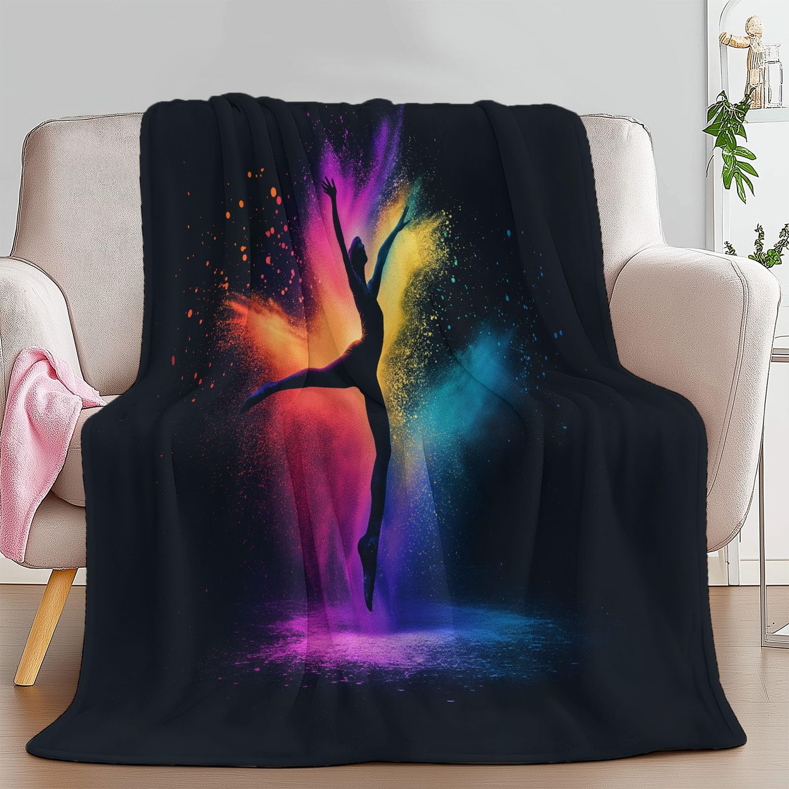 Koc polarowy z mikrofibry 220 x 240 cm, ilustracja 3D gimnastyczka 3D, miękka flanela, pluszowy koc, odpowiedni dla dorosłych i dzieci, kemping, czarny