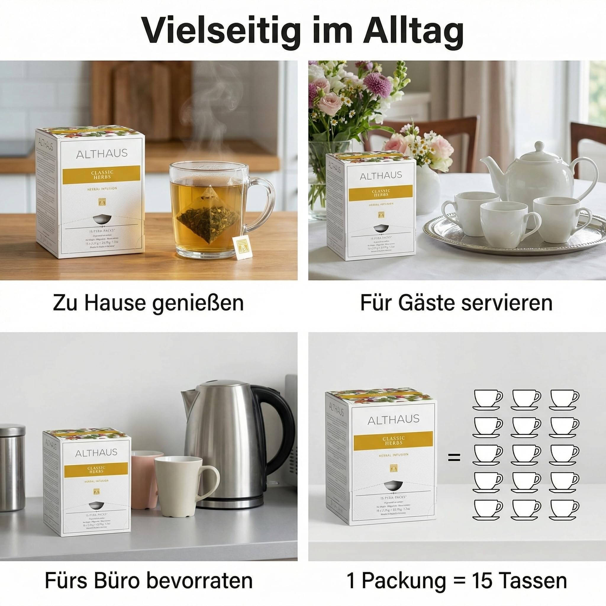 6 Packungen ALTHAUS Classic Herbs Kräutertee, Pfefferminze-Kamille-Salbei, Koffeinfrei, je 15 Pyramidenbeutel à 2,25 g