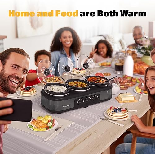 Miniatura 6 de Pequeña olla eléctrica de cocción lenta triple servidor de buffet y bandeja de calentamiento con soportes para tapa 3 ollas de 15 cuartos de galón