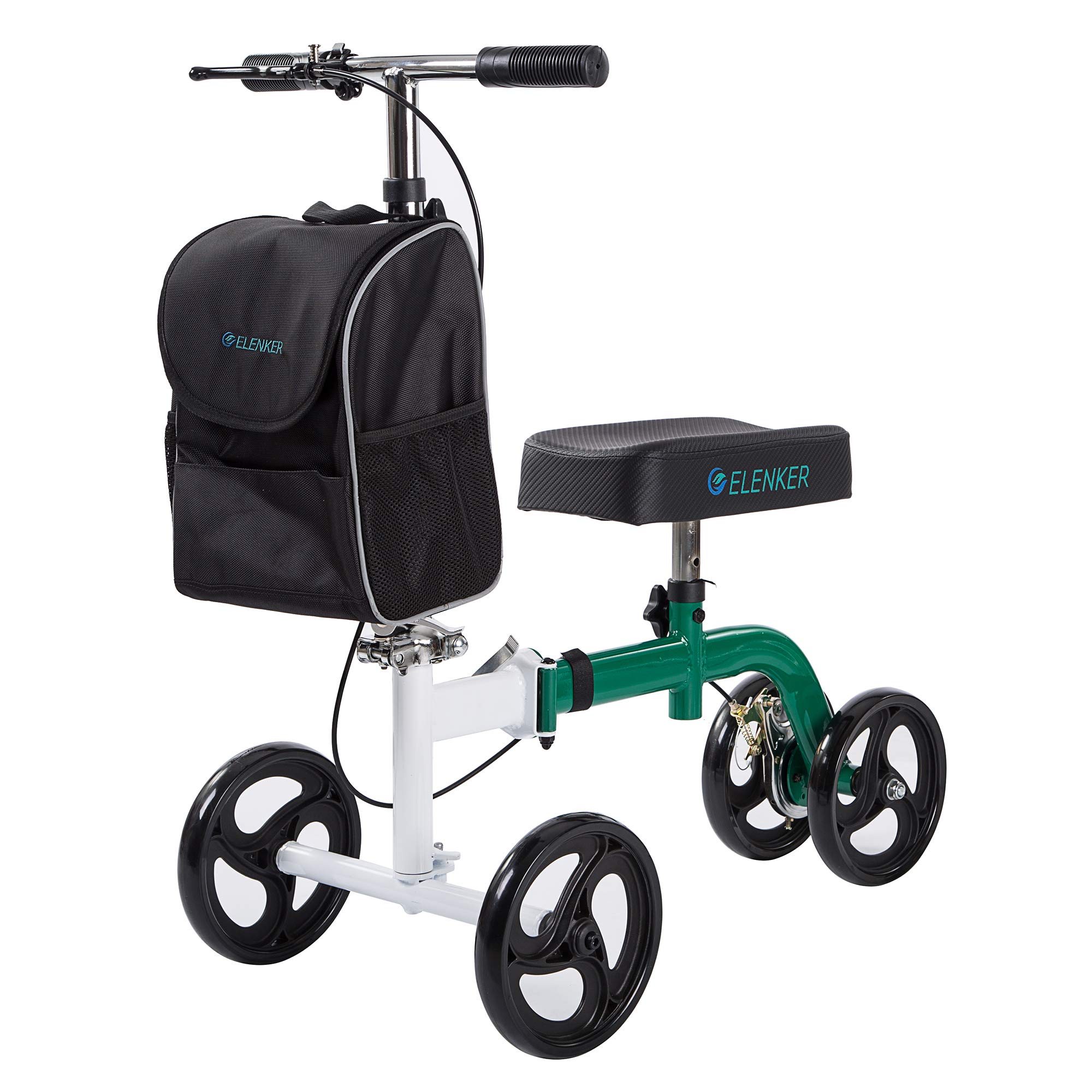 ELENKER Steerable Knee Scooter for Foot Injuries Ankles Surgery with Comfortable Soft Knee Pad and Multifunctional Cloth Bag White + Green