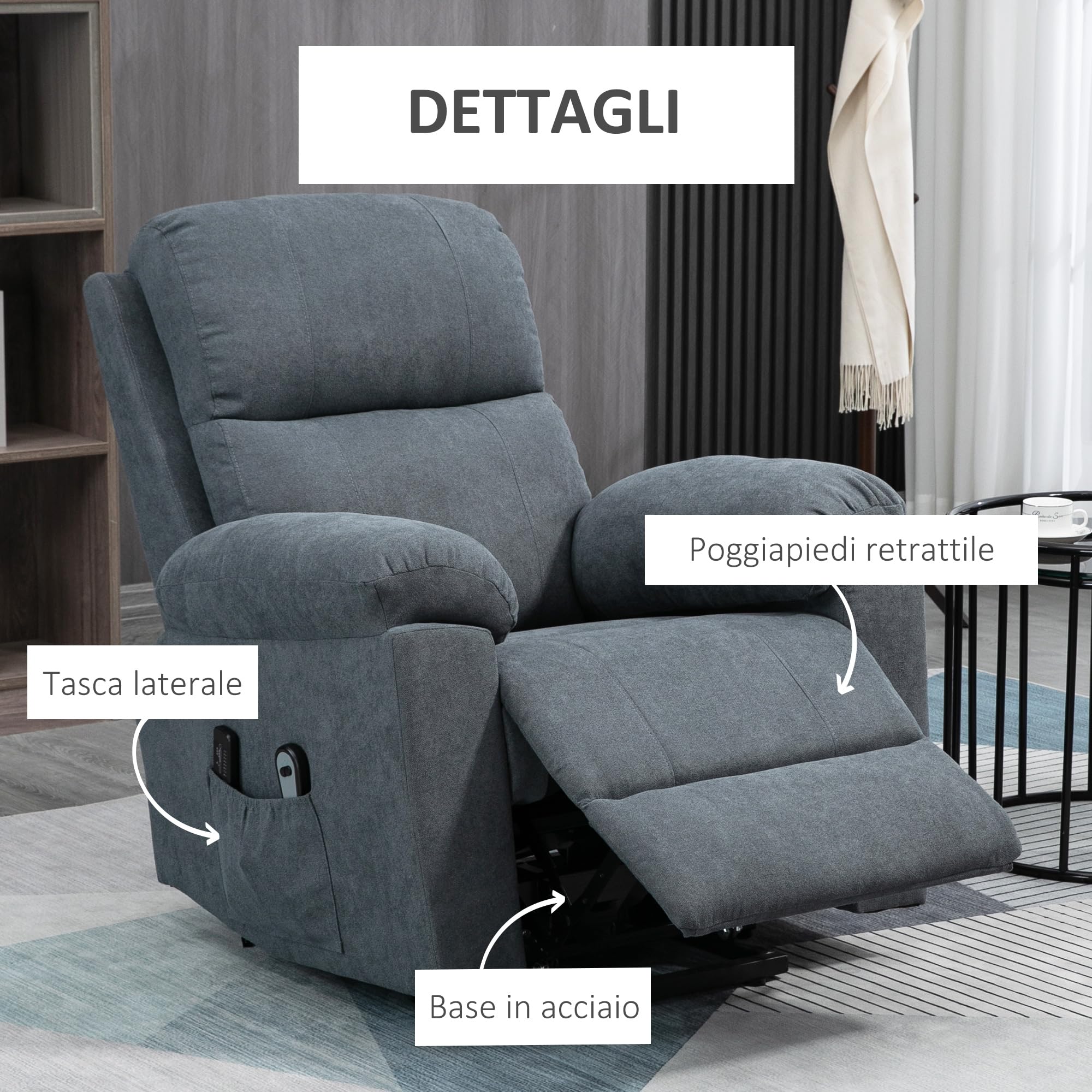 HOMCOM Poltrona Elettrica Alzapersona Reclinabile 135°, Poltrona Relax Elettrica in Tessuto Effetto Lino con 8 Punti Massaggio, Telecomandi, Poggiapiedi, 2 Tasche Laterali per Soggiorno, Grigio