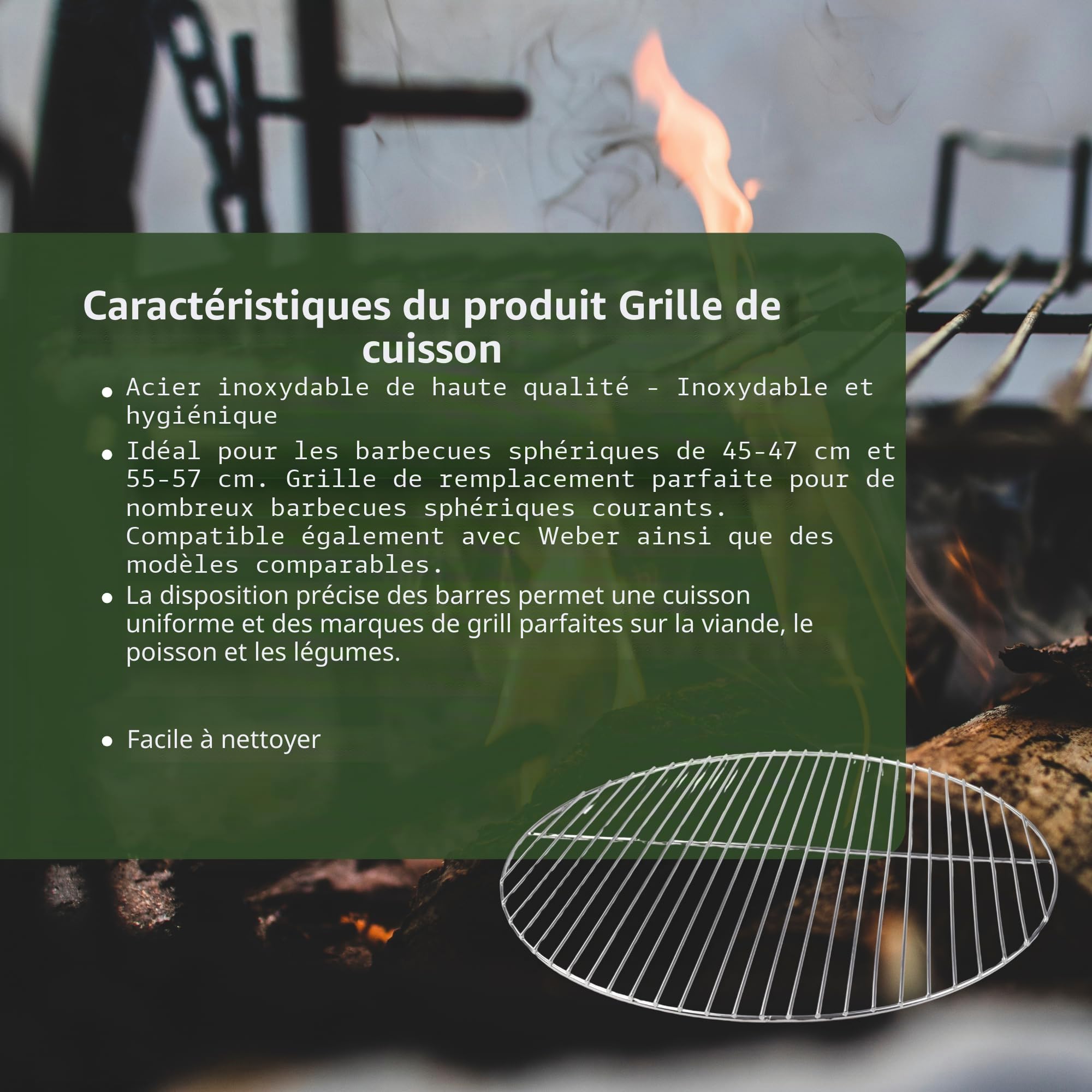 Grille de barbecue Hero 24 en acier inoxydable 54,5 cm 4/3 mm pour barbecue sphérique 55-56 - 57 cm et pour Weber 57