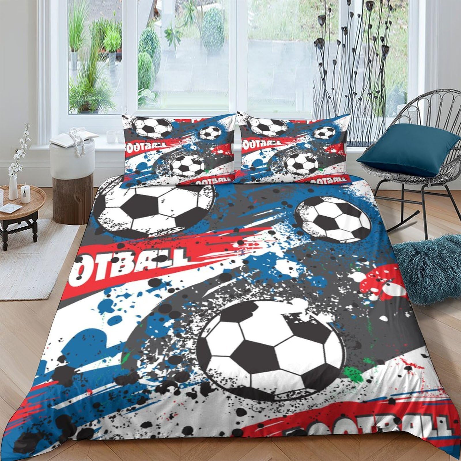 Ctjqhvkz Style-4 3D Printed Soccer Graffiti Fitted Sheet Microfiber Soft Red Blue Football Bed Cover Anti-Slip Machine Washable For Bedroom Dorm Mattress Decor Single（135X200cm）