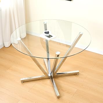 45.27" Round Dining Table for 4-6, Modern Clear Glass Kitchen Table for 4 with Silver Chrome Plated Metal Legs, Contemporary Small Circle Dining Room Leisure Tables for Kitchen Apartment