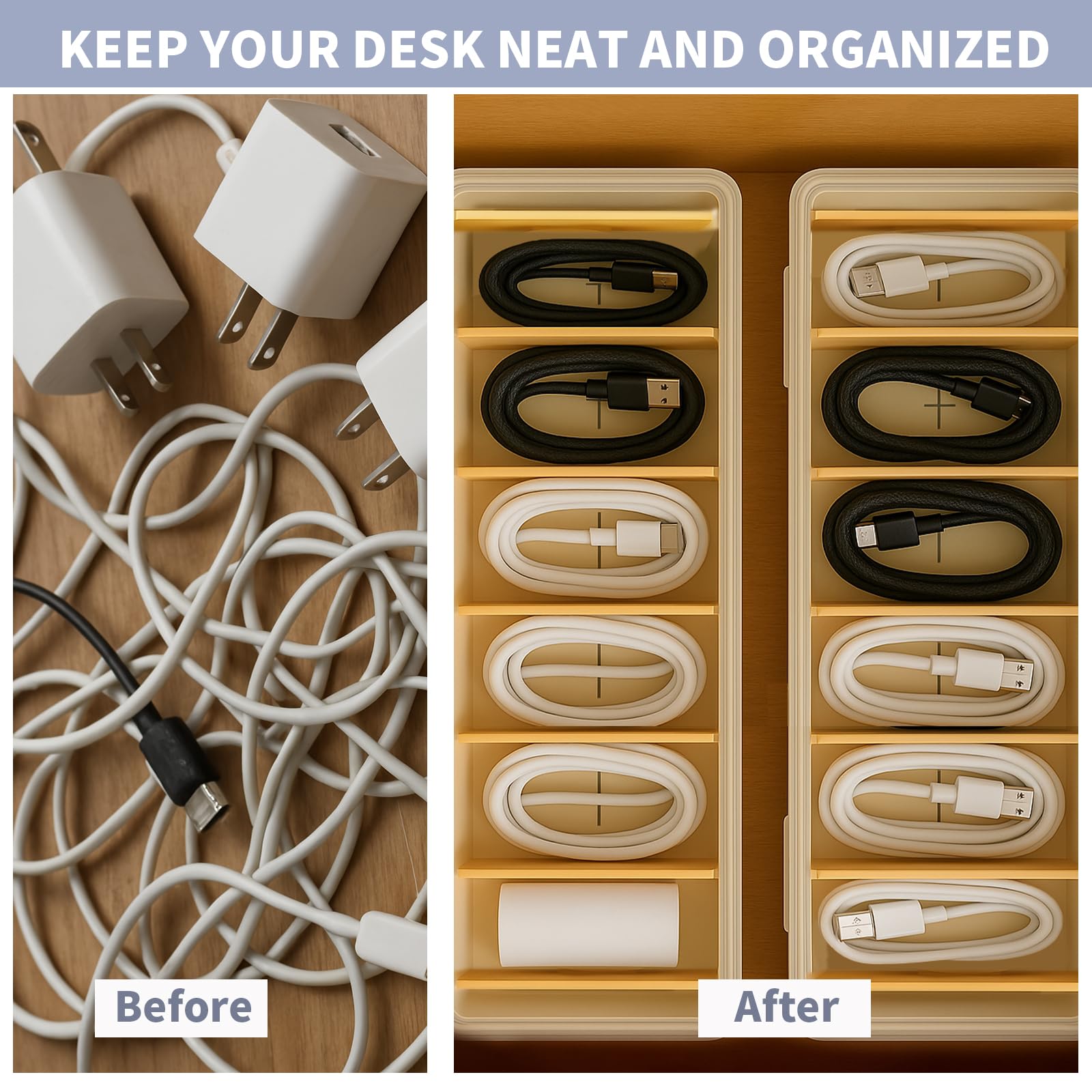 2 Pièces Boîte Rangement Câble avec 16 Attaches, Boîte Câble Transparente avec 7 Séparateurs – Organisateur de Câble pour Bureau, Maison, Boîte à Câble pour Chargeurs et Accessoires