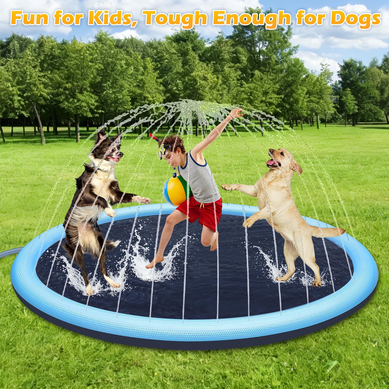 Tapis de Jet d’Eau 200CM pour Enfants et Chien, Tapis Arroseur Antidérapant en PVC Écologique, Splash Pad Jeu d’Eau Extérieur Jardin Été avec Adaptateur (Bleu)