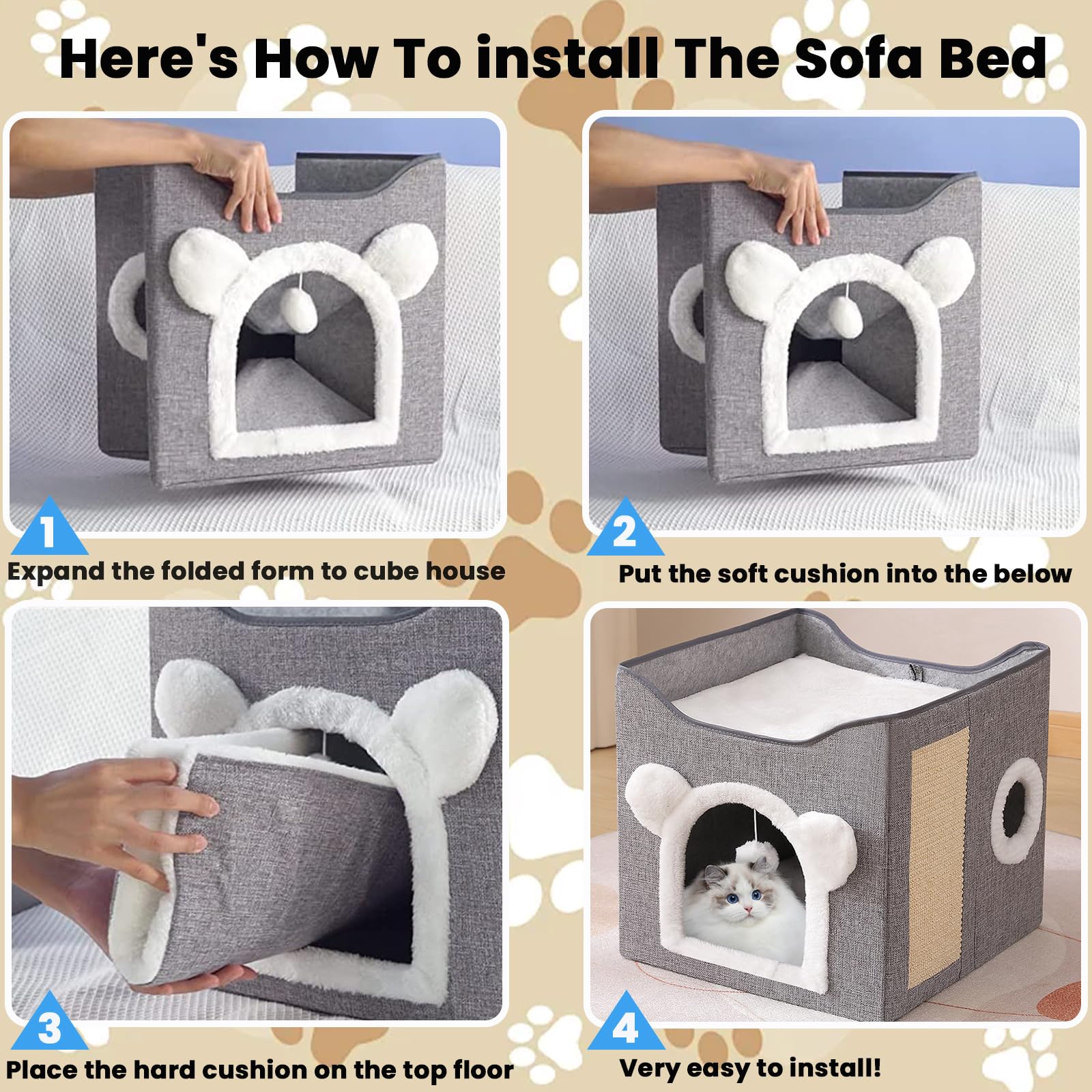 سرير قطط للقطط في الاماكن المغلقة، منزل قطط مكعب متعدد الوظائف مع لوح خدش للقطط وكرة منفوشة، سرير قطط كبير قابل للطي، 40 × 40 × 39 سم (رمادي)