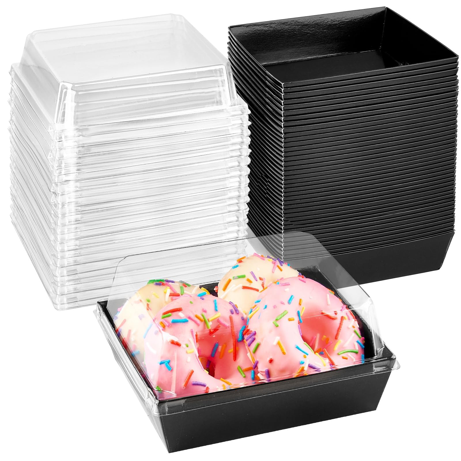 Ocmoiy Charcuterie-Boxen mit transparenten Deckeln, quadratisch, 12,7 cm, quadratisch, schwarz, Keksboxen, kleine Leckerli-Boxen für Kuchenscheiben, Gebäck, Sandwich, Dessert To Go, 100 Stück