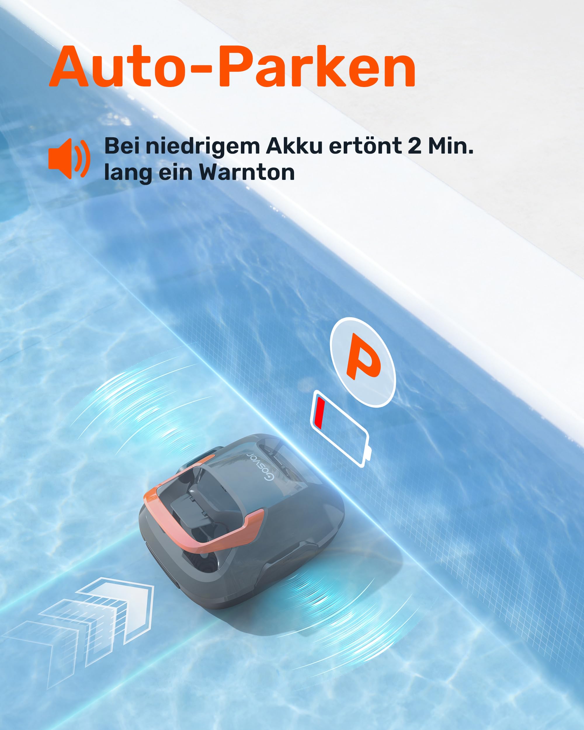 (Upgrade) Gosvor Poolroboter Akku, Bis zu 7200 LPH Effiziente Reinigung mit Power-Clean-Modus, Bis zu 90 Min., 3,4 KG Leicht, Einfach zu Bedienen & Warten, Poolsauger für Flache Böden bis 80㎡, Orange