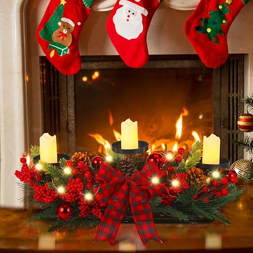 Miniatura 6 de Centro de mesa de candelabro triple de Navidad con velas LED, cadena de luces, arco, conos de pino, para decoración del hogar