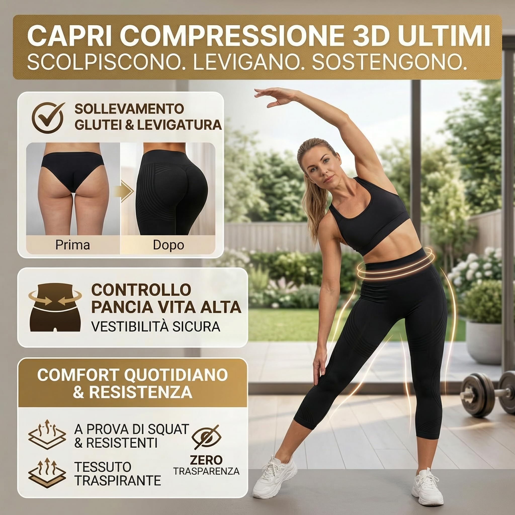Leggings Estiva 3D Anticellulite Donna Collant 3/4 Sportivi Drenanti a Compressione Graduata Push Up Pantaloni da Palestra per Yoga Fitness e Pilates
