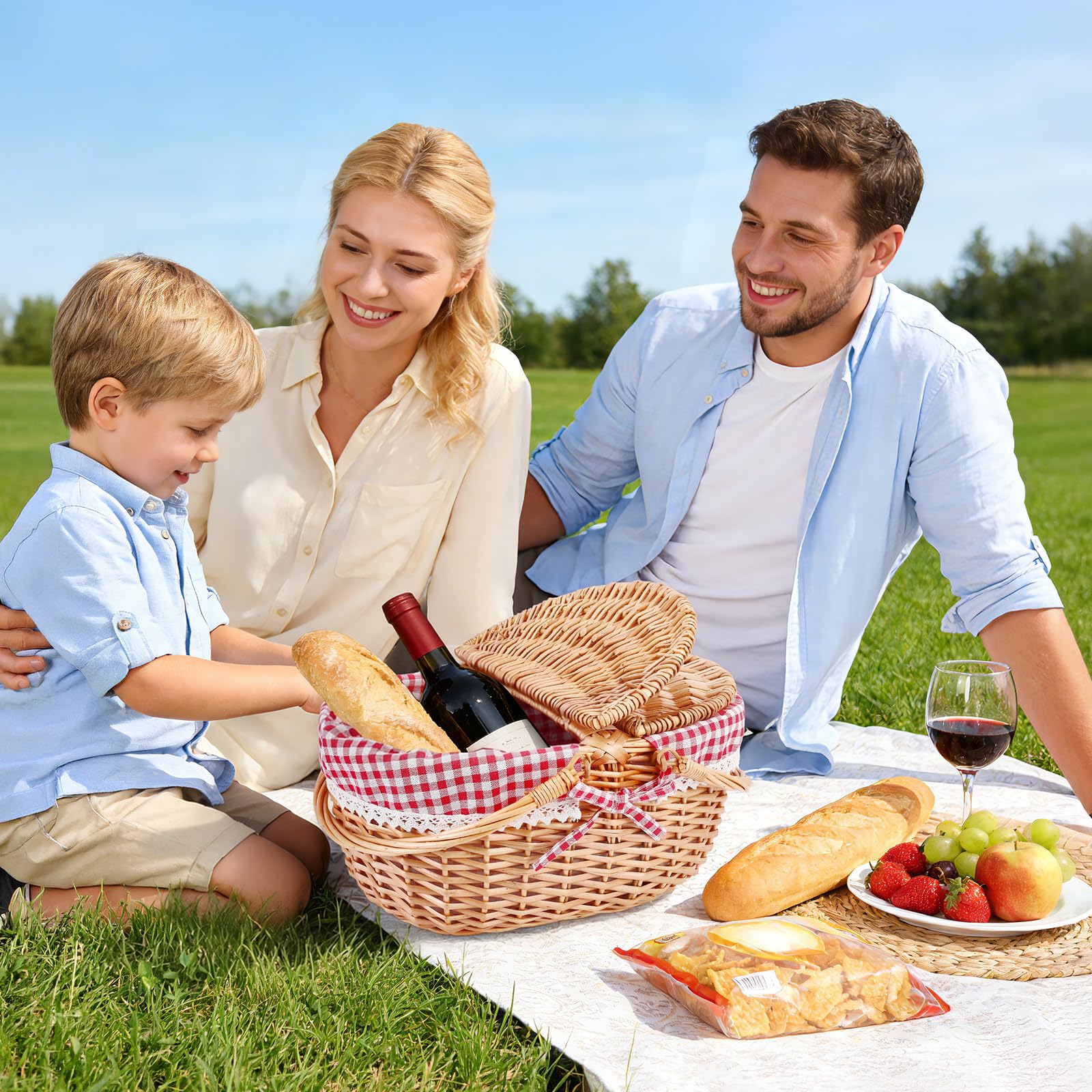 Cesto Picnic Vimini, Coperchio a Doppia Apertura e Manico Pieghevole Cestino da Picniccon, Cestino Intrecciato a Mano con Fodera in Cotone Rimovibile, Adatto per Picnic, Campeggio(Rosso/40x34x19CM)