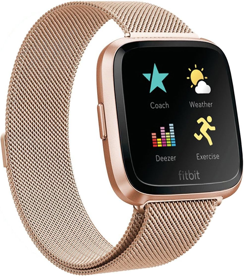 PIXAN Smart Watch Straps Milanese Bands Stainless Steel Loop for Women Men, Metal Wristband with Magnetic Closure Adjustable Compatible with Fitbit Versa (Watch NOT Included) (Rose Gold, L)