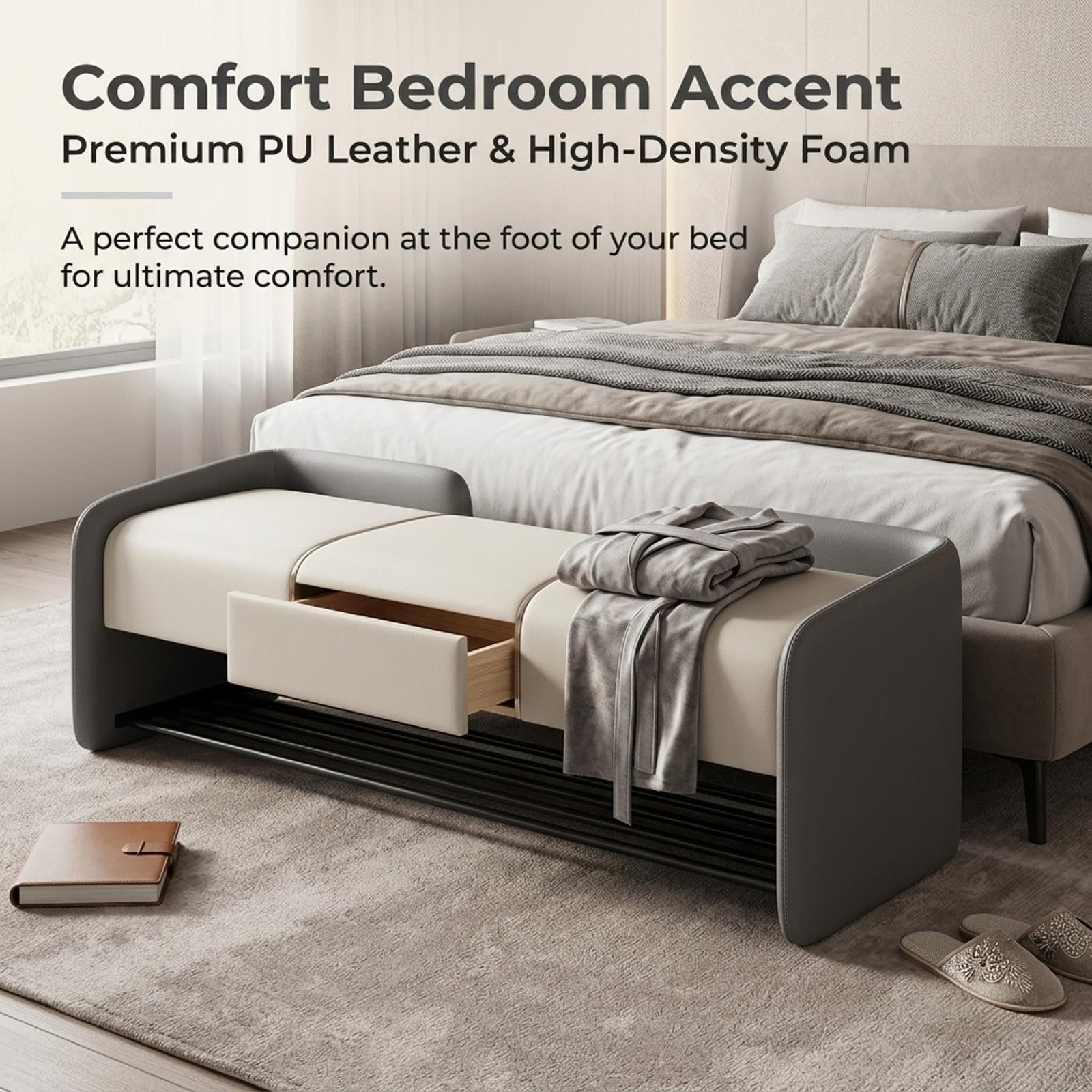 Panca Contenitore Fondo Letto, Panca Imbottita in Pelle con Cassetto