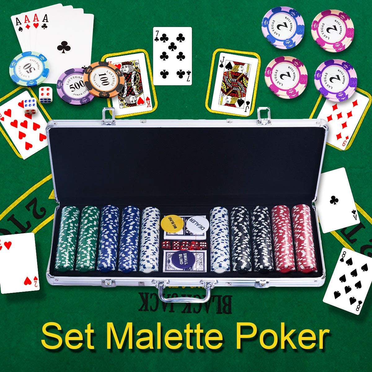 COSTWAY Malette Poker Jetons Poker Ensemble de 500 Jetons 2 Jeux de Cartes 5 Dés 1 Bouton Dealer Mallette en Aluminium