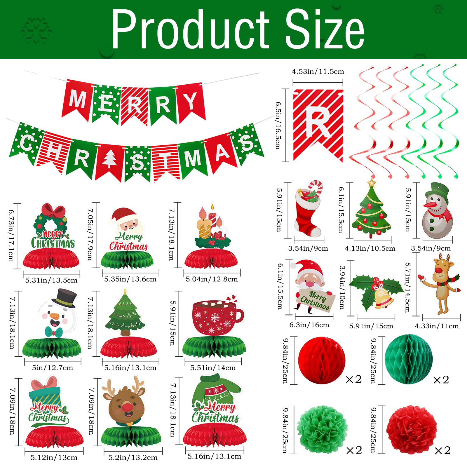 KUANINUNAR Red Green Christmas Decorations Party Banner Set Flower Fan Paper Xmas Bunting Honeycomb Centerpieces Tree Santa Snowman Banner Table Decorations Christmas Party Supplies (Red) - Image 4