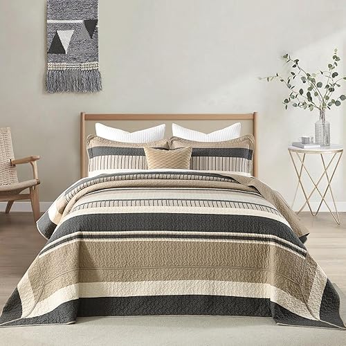 Miniatura 2 de Finlonte Colcha tamaño King, 100% algodón, colcha de gran tamaño King de tamaño King, color marrón carbón, beige, California King, acolchada, a