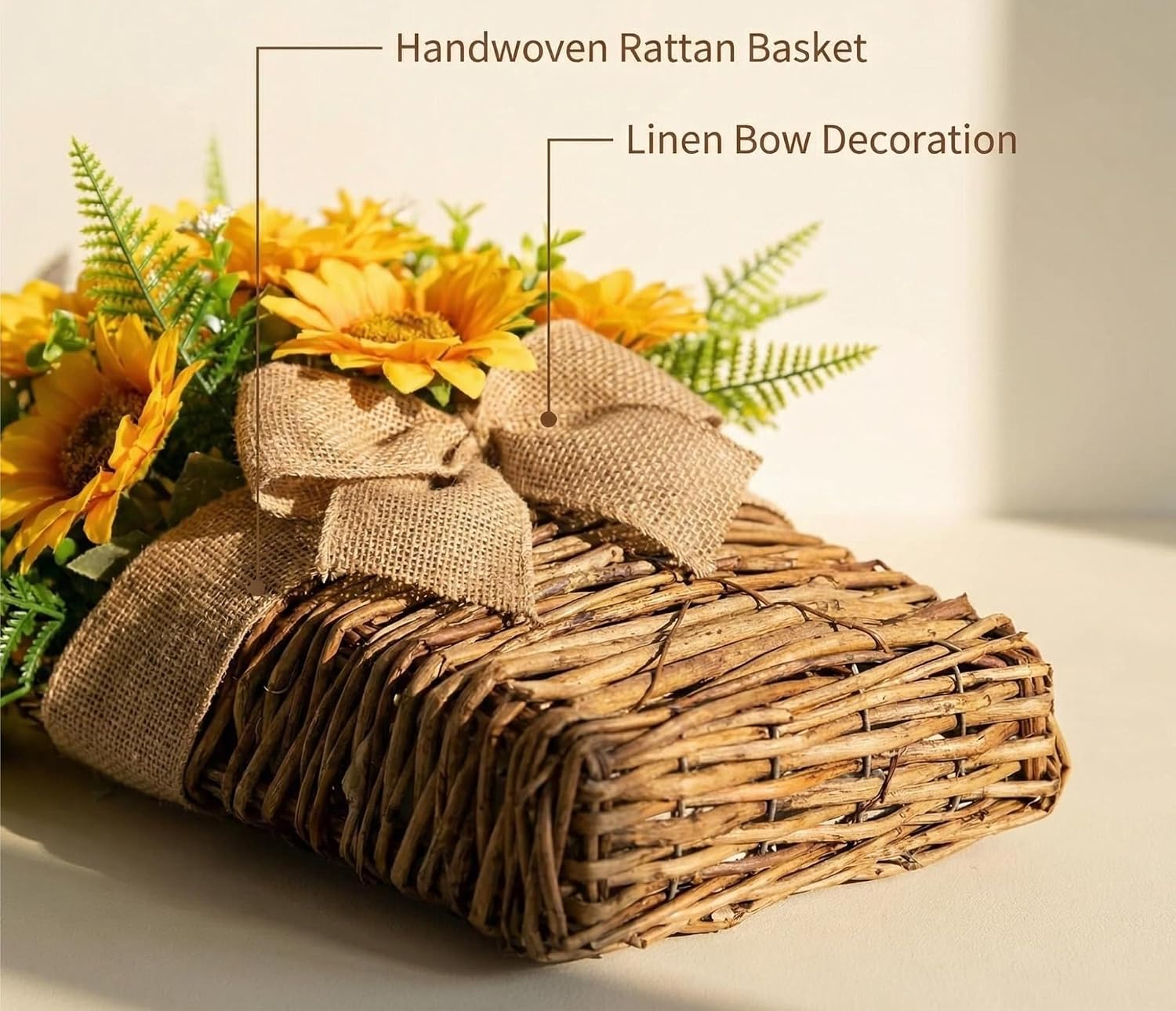 1pcs Sunflower Wall Hanging Basket – 17.3x5.5x3.5 Inch Woven Rattan Planter with Burlap Bow, Faux Sunflower Floral Arrangement for Door, Entryway, Living Room