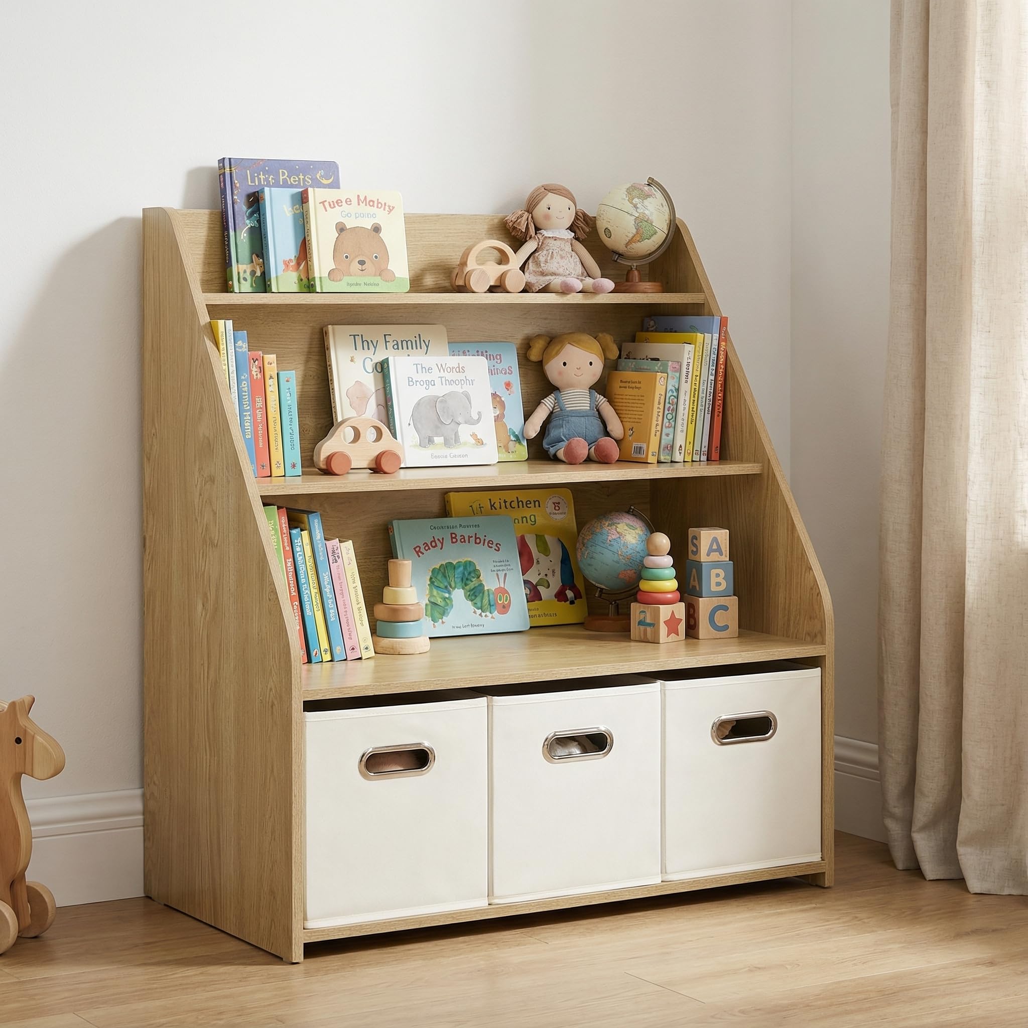 EFURDEN Estantería de Madera para niños con 3 cajones extraíbles, estantería para Juguetes y Libros 3 en 1 para habitación Infantil y Sala de Juegos, estantería de Almacenamiento Montessori