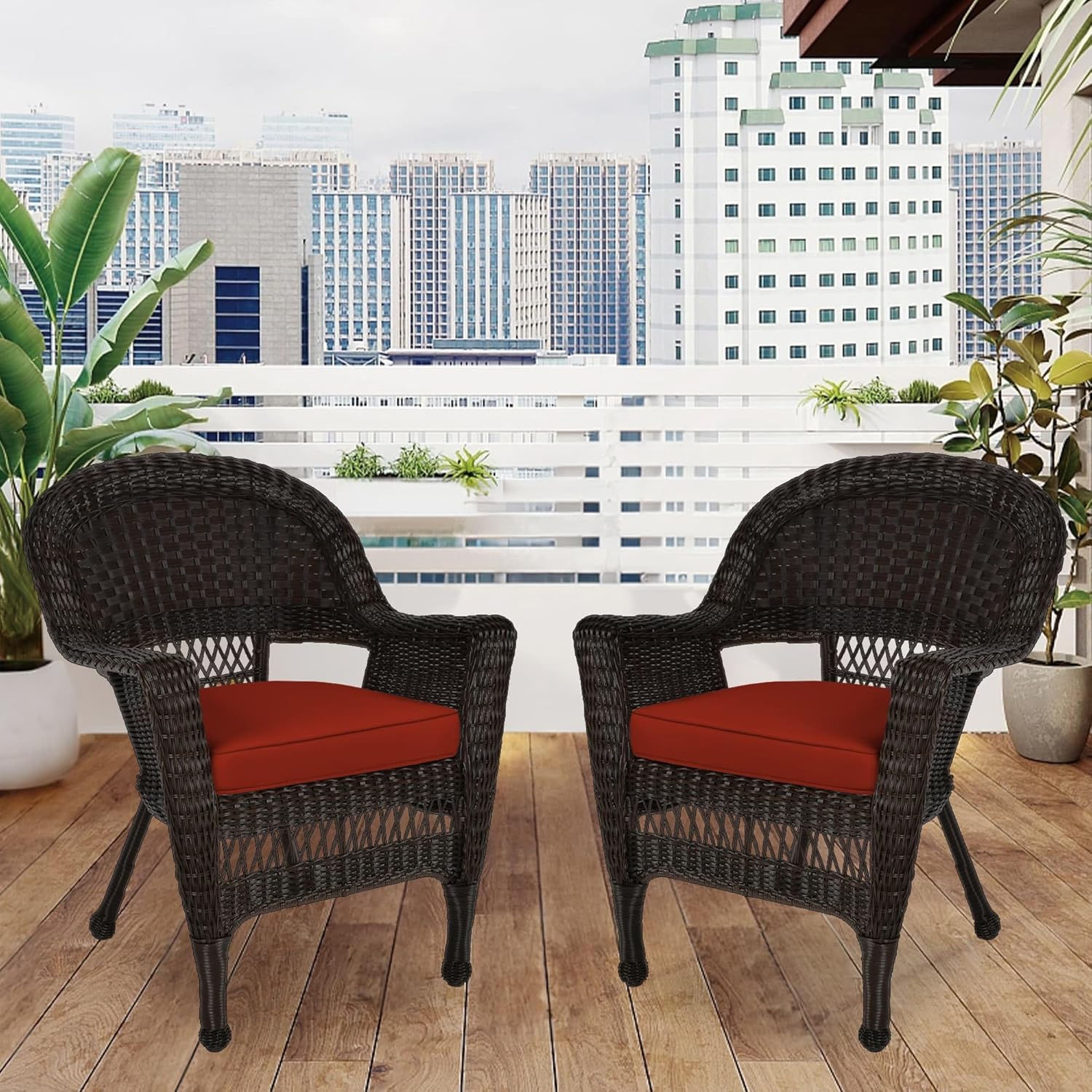 Jeco Wicker Chair with Red Cushion, Set of 2, Espresso
