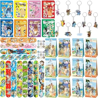 Sidesea Party Bag Fillers for Kids, 70PCS Kids' Party Favours 16 Stickers 12 Paper Party Bags 12 Keyrings 12 Snap Bands for Kids Party Childrens Party Bag Fillers Stocking Fillers for Boys Girls
