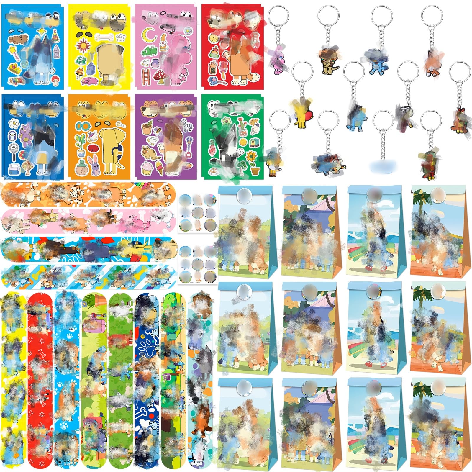 Party Bag Fillers for Kids, 70PCS Kids' Party Favours 16 Stickers 12 Paper Party Bags 12 Keyrings 12 Snap Bands for Kids Party Childrens Party Bag Fillers Stocking Fillers for Boys Girls