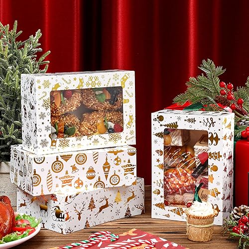 Miniatura 3 de Honoson 24 cajas de galletas de Navidad con ventana de 9 x 6.3 x 3.2 pulgadas, cajas de panadería blancas de papel de aluminio dorado con copos de