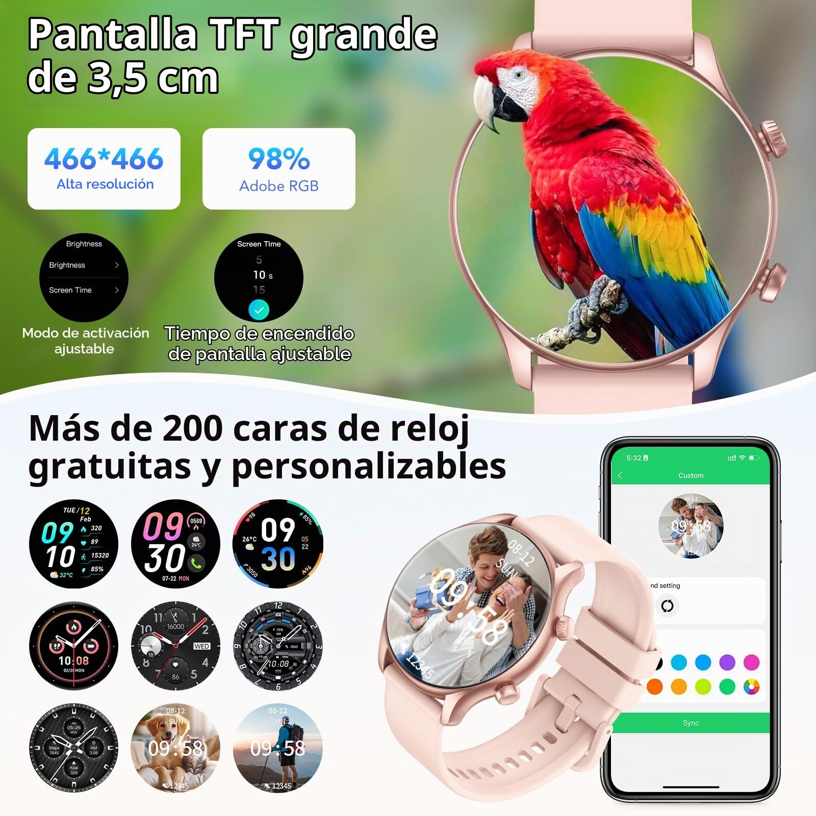 Reloj Inteligente Mujer, 1.39"Display Smartwatch con Llamadas, Smart Watch Monitor de Sueño/SpO2, Podómetro, 120+ Modos Deportivos, IP68 Impermeable Reloj Deportivo para Android iOS , Rose Gold