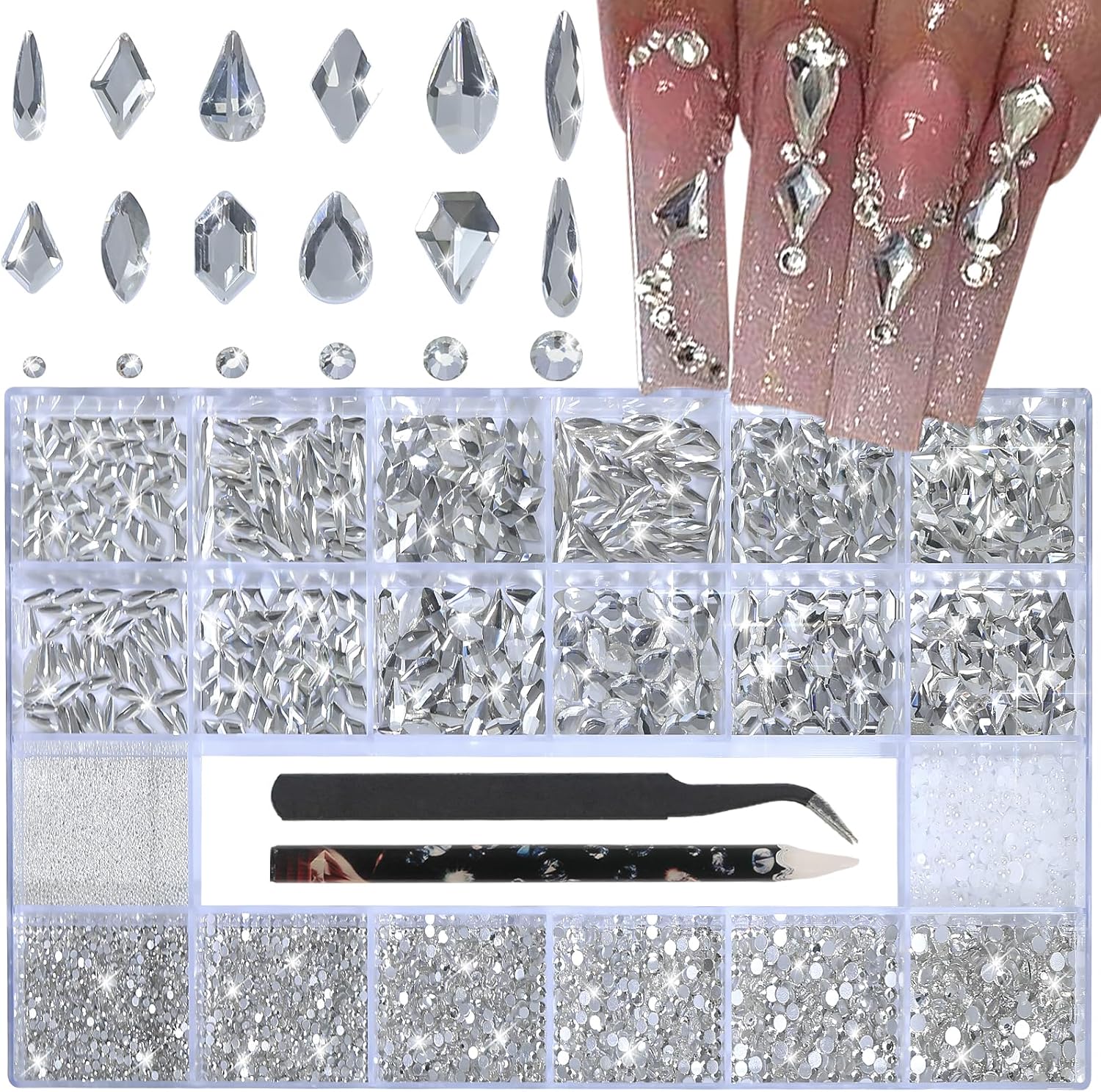 White Nail Rhinestones - 3D Multiple Shape Size Gems, Manicure Beads, Pearls, Flatback Crystals Rhinestones, with Kit, for Nail Art Decor