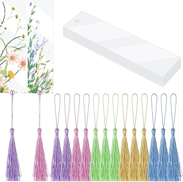 PAFUWEI 15Pcs Rectangle Plastic Craft Transparent Blank Acrylic Book Markers with 15Pcs Small Bookmark Tassels Clear Acrylic Bookmarks for Teachers Book Lovers