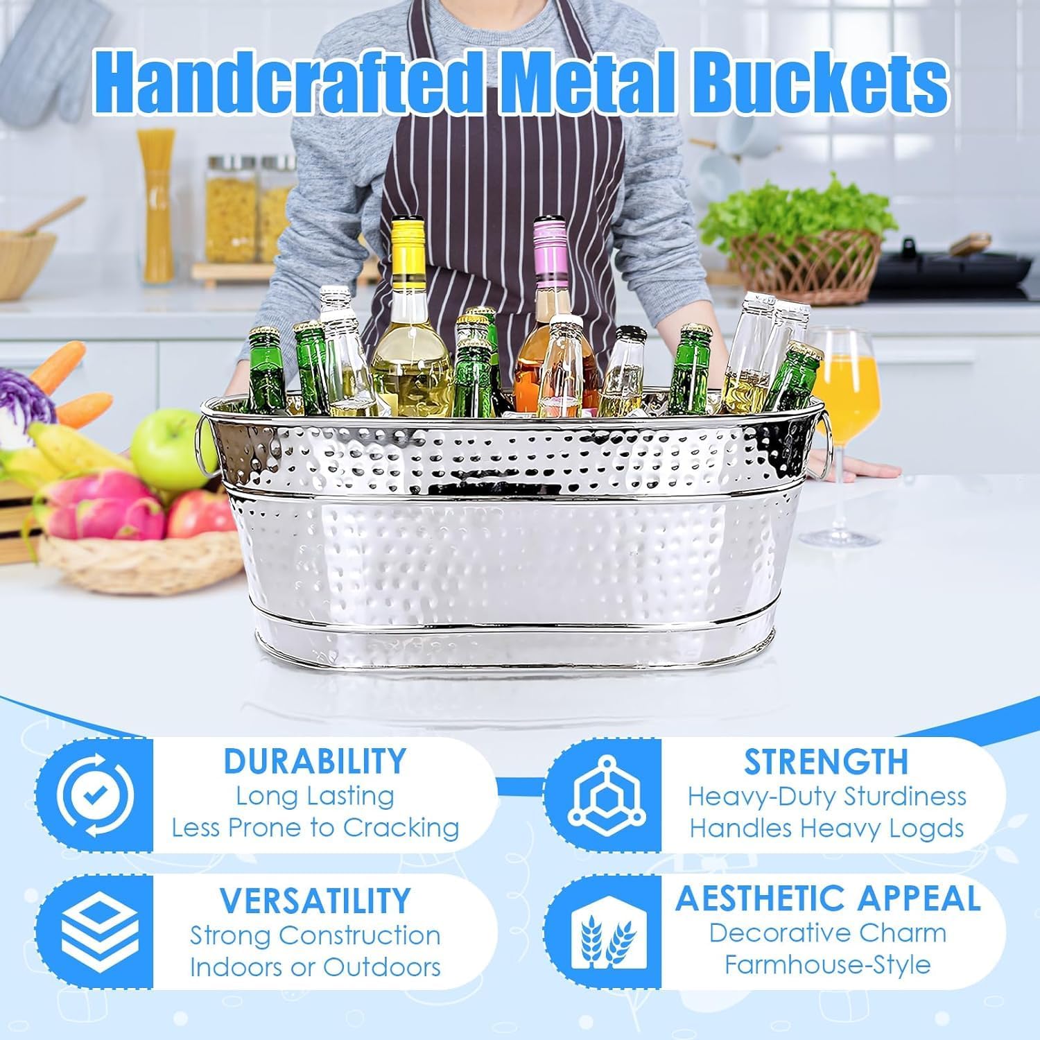 Ice Buckets for Parties - Galvanized Oval Beverage Tub 45.5x29.2x19.1cm (17.9x11.5x7.5inch) Rustic Portable Metal Beer Tub for Drinks, Argent